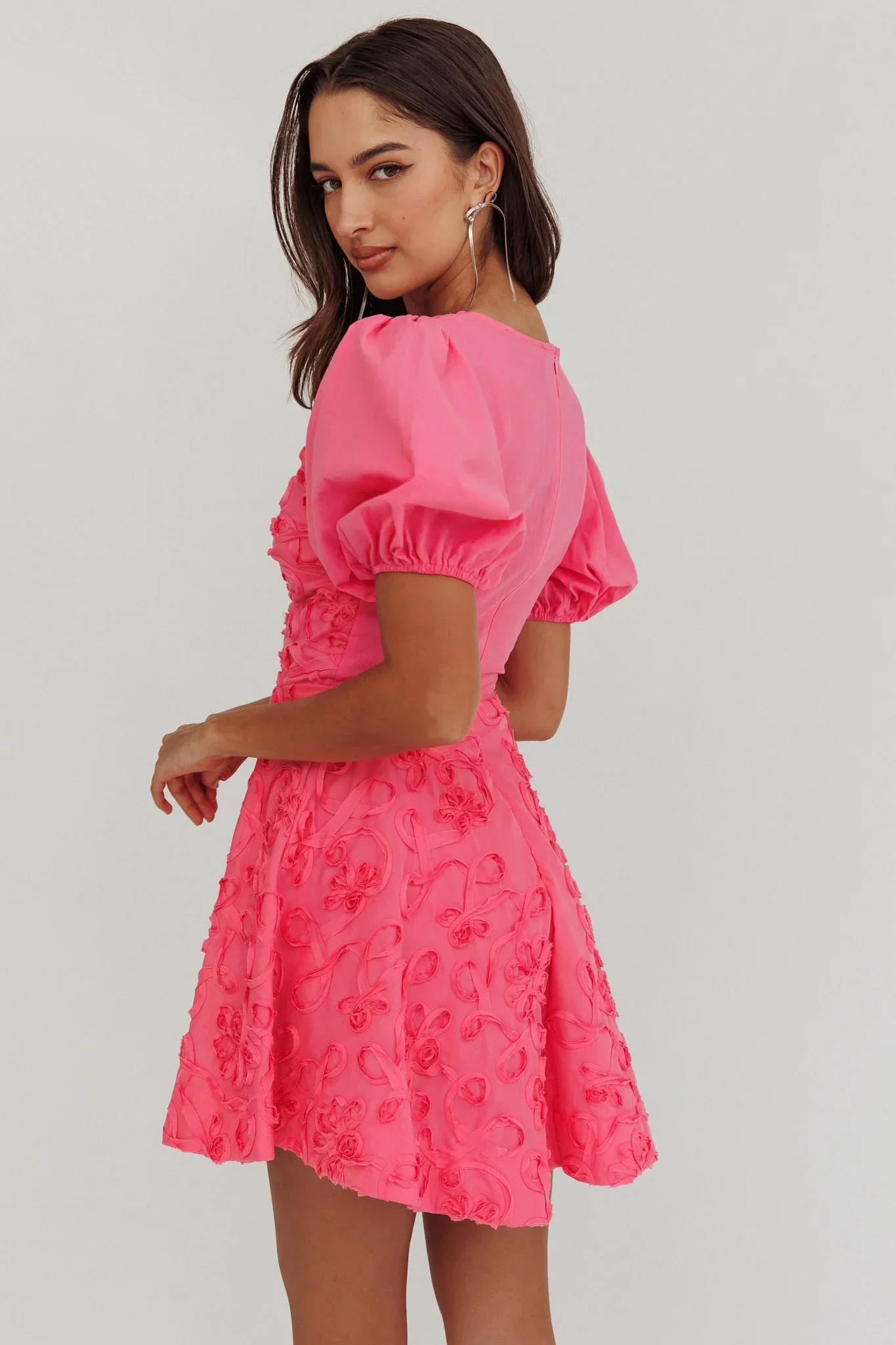 Samsara Puff Sleeve Mini Dress Hot Pink