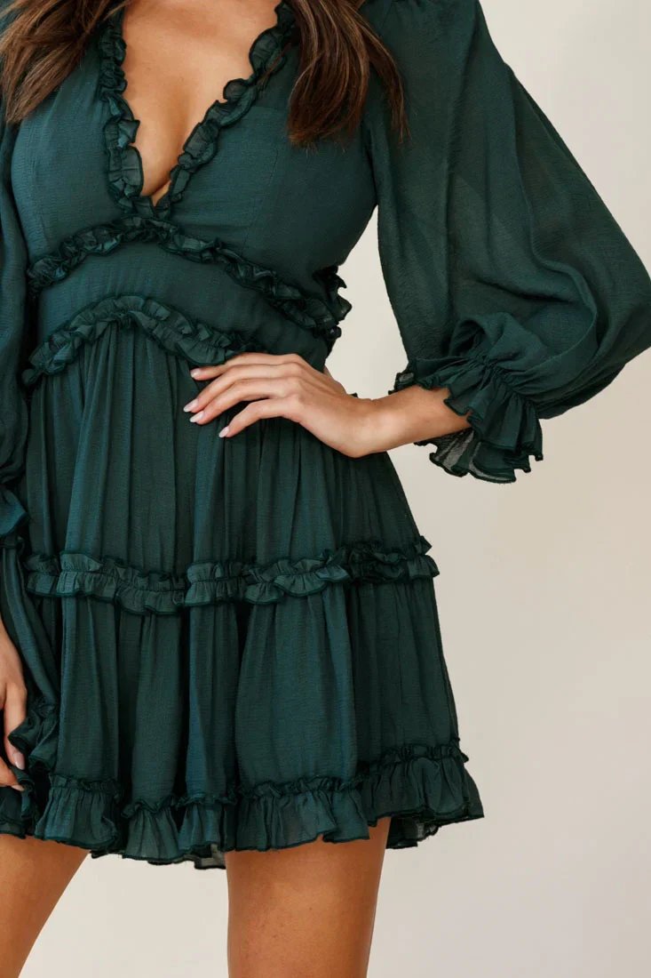 Laney Cutout Back Balloon Sleeve Dress Green