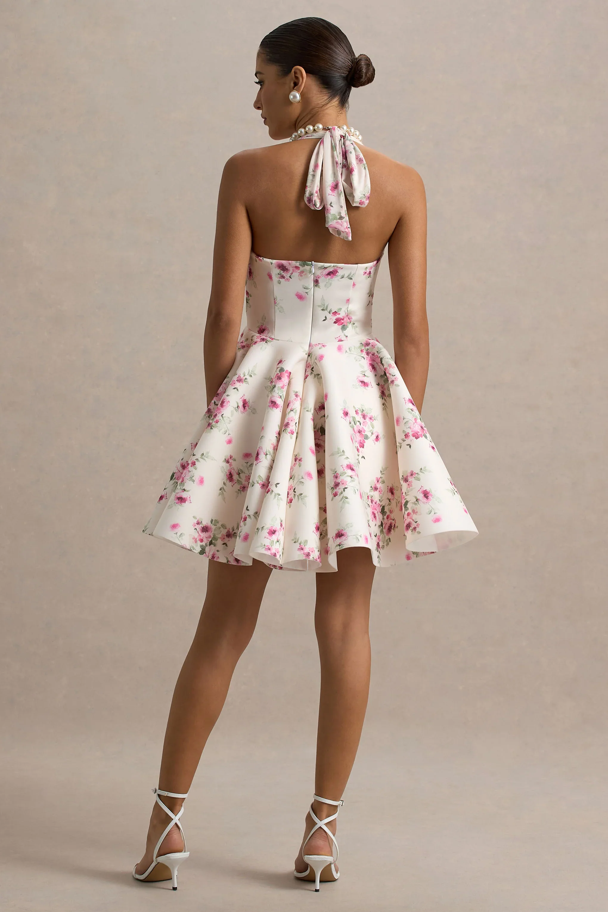 Peggy | Cream and Pink Halter-Neck Skater Mini Dress