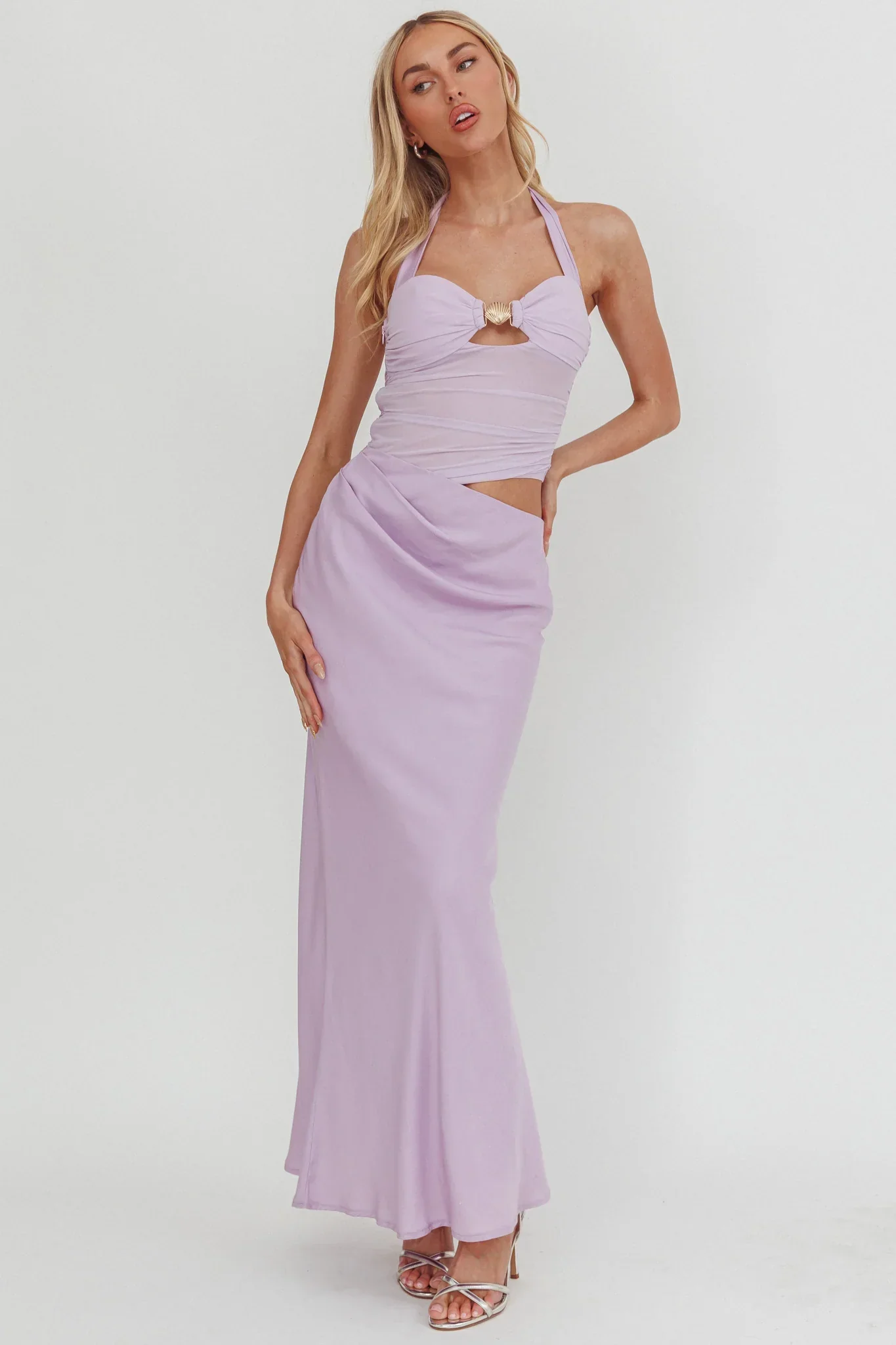 Sandy Shell Buckle Halter Maxi Dress Lilac