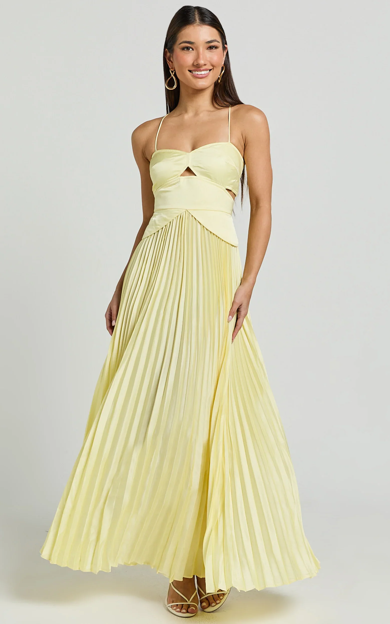 Shay Maxi Dress Sweetheart Cut Out Pleated Dress in Lemon