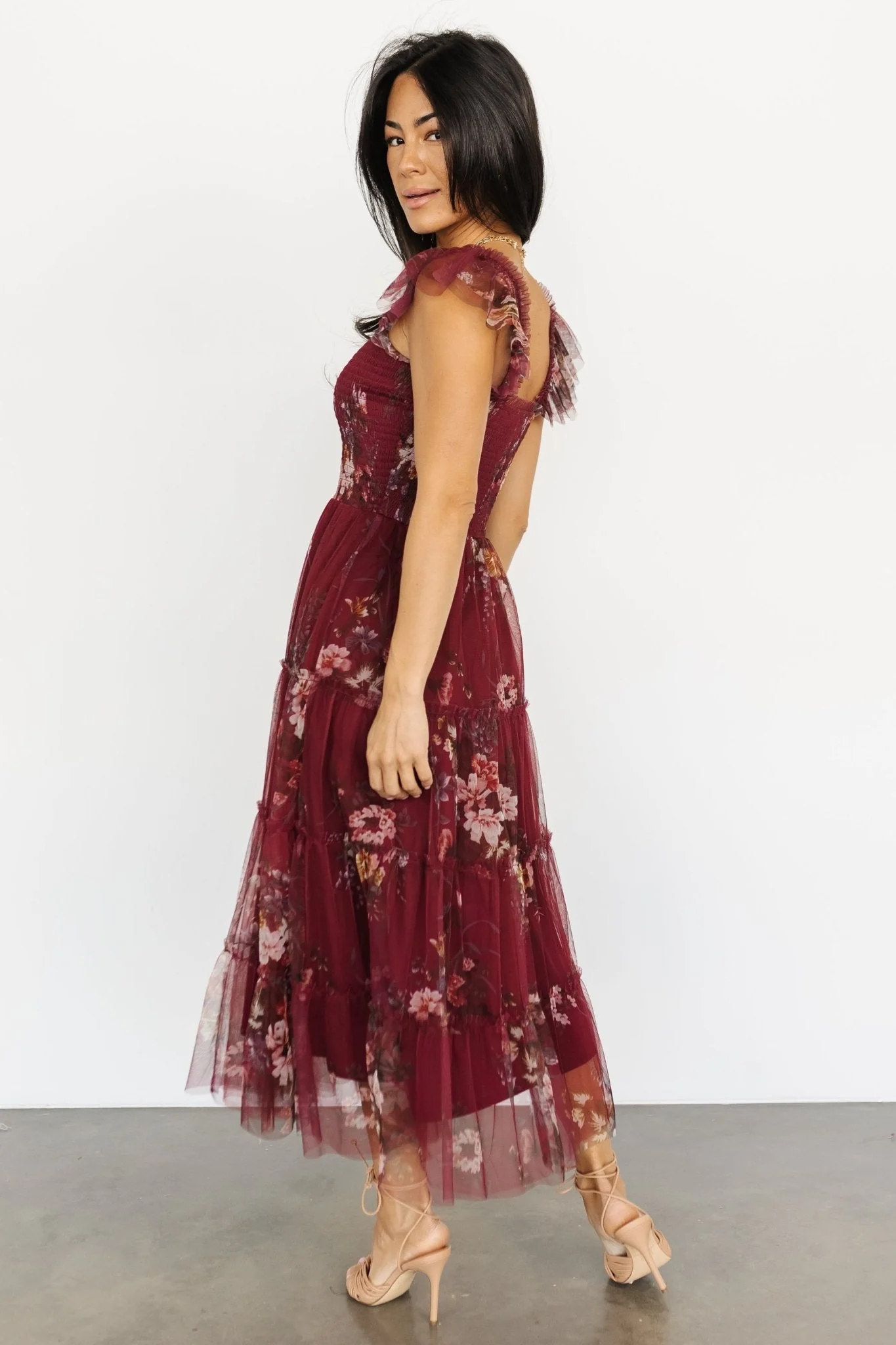 Clementine Tulle Midi Dress | Wine Multi