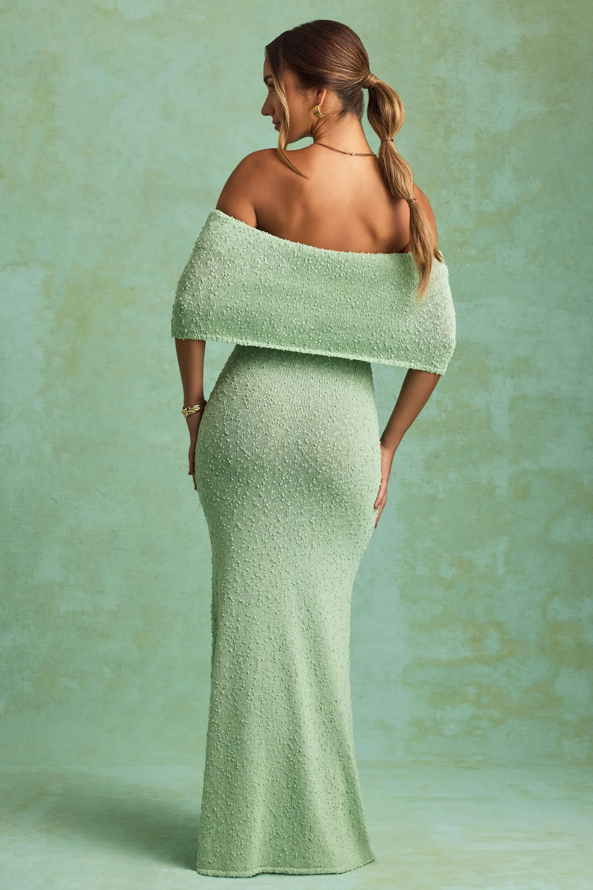 Bouclé Off-Shoulder Maxi Dress in Mint