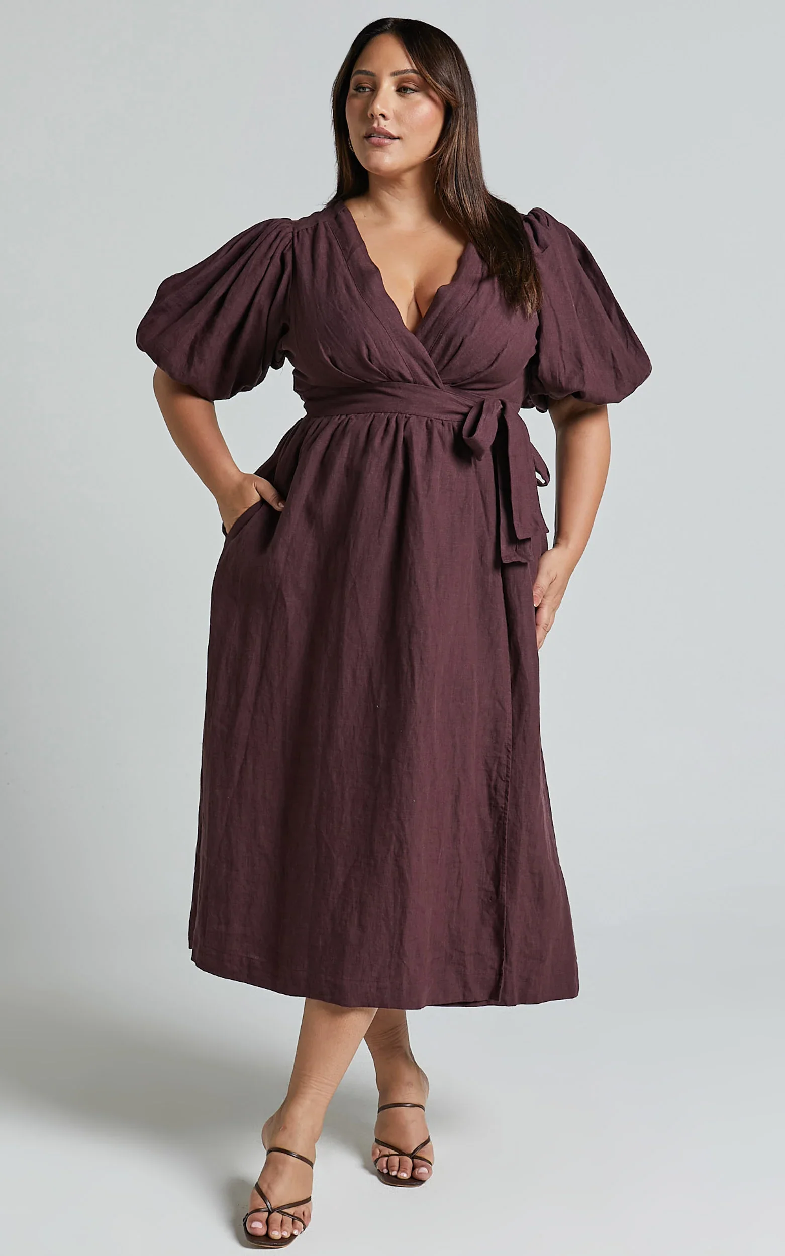 Amalie The Label - Franc Linen Puff Sleeve Wrap Midi Linen Dress