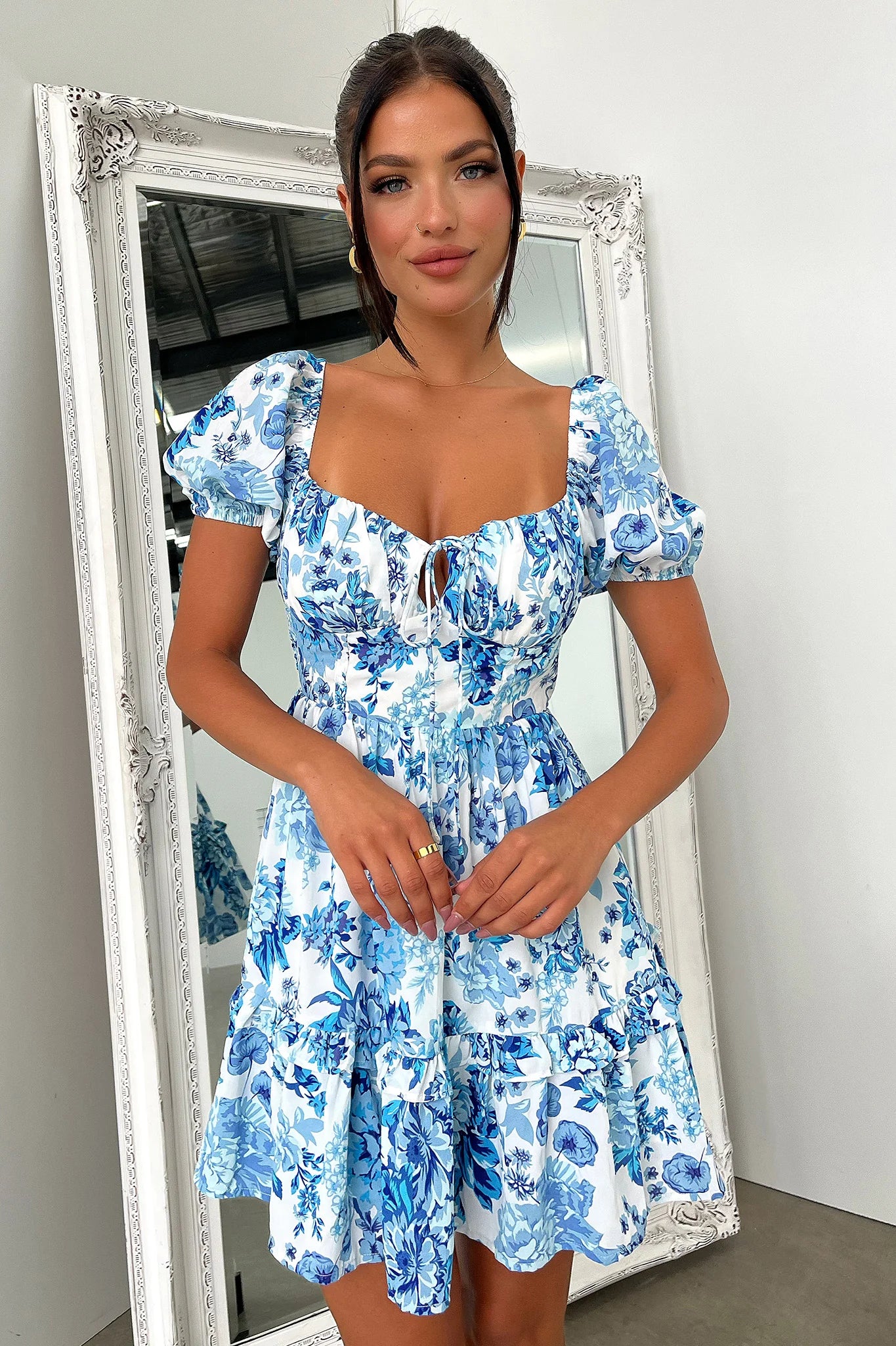 Taleah Puff Sleeve Mini Dress - Blue Floral