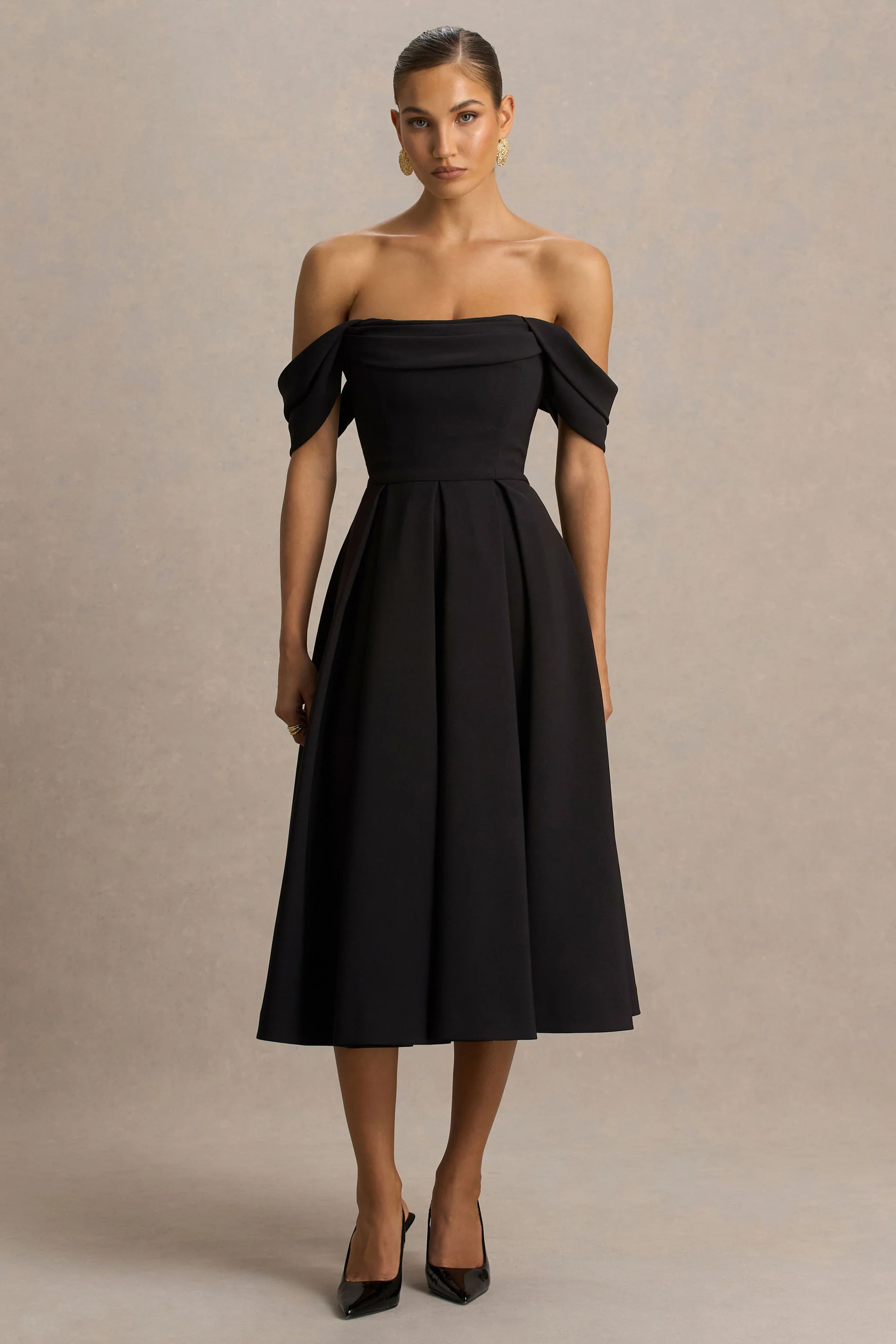 Cosima | Black Bardot-Neck Midi Dress