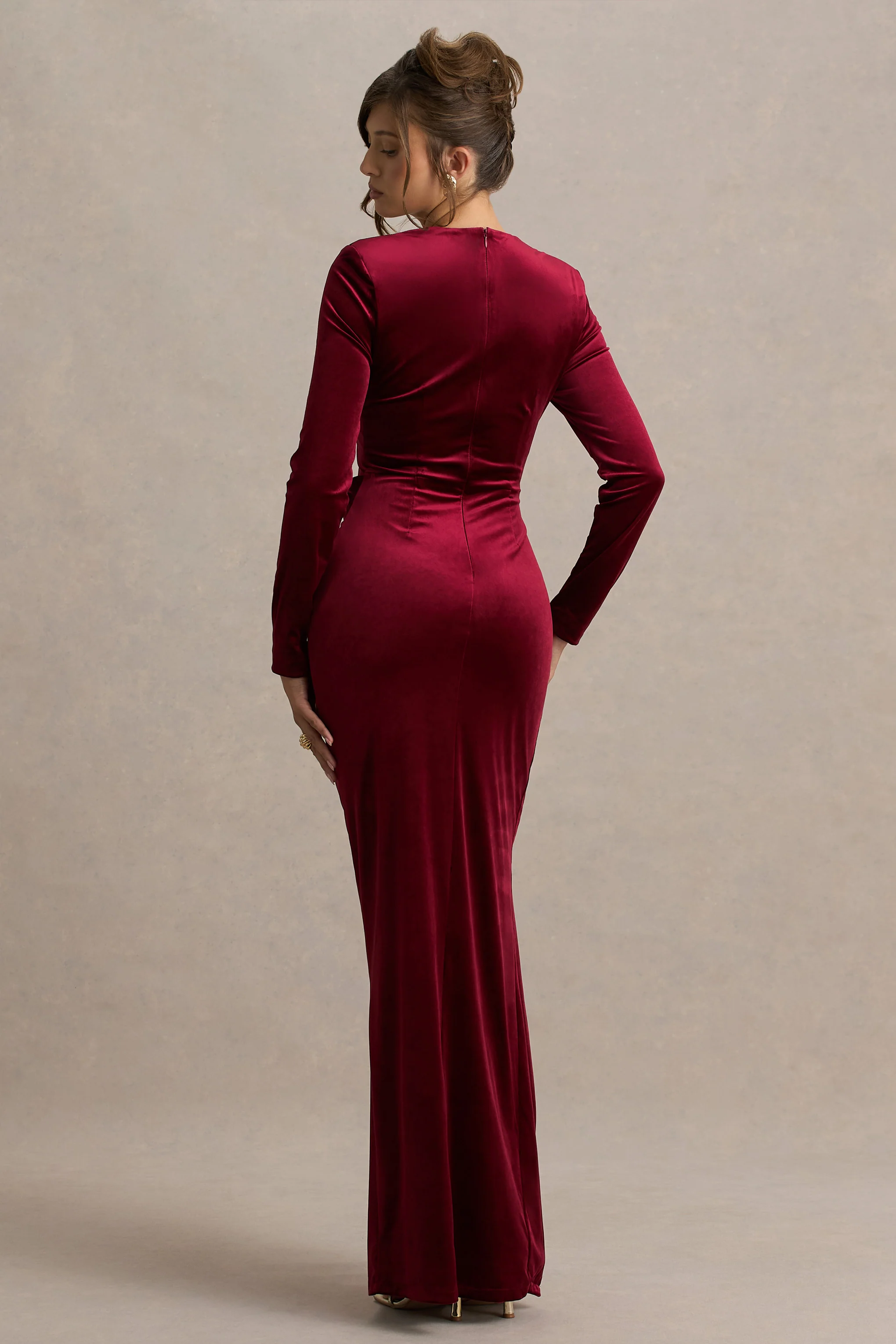 Fay | Berry Velvet Corset Style Knot Maxi Dress