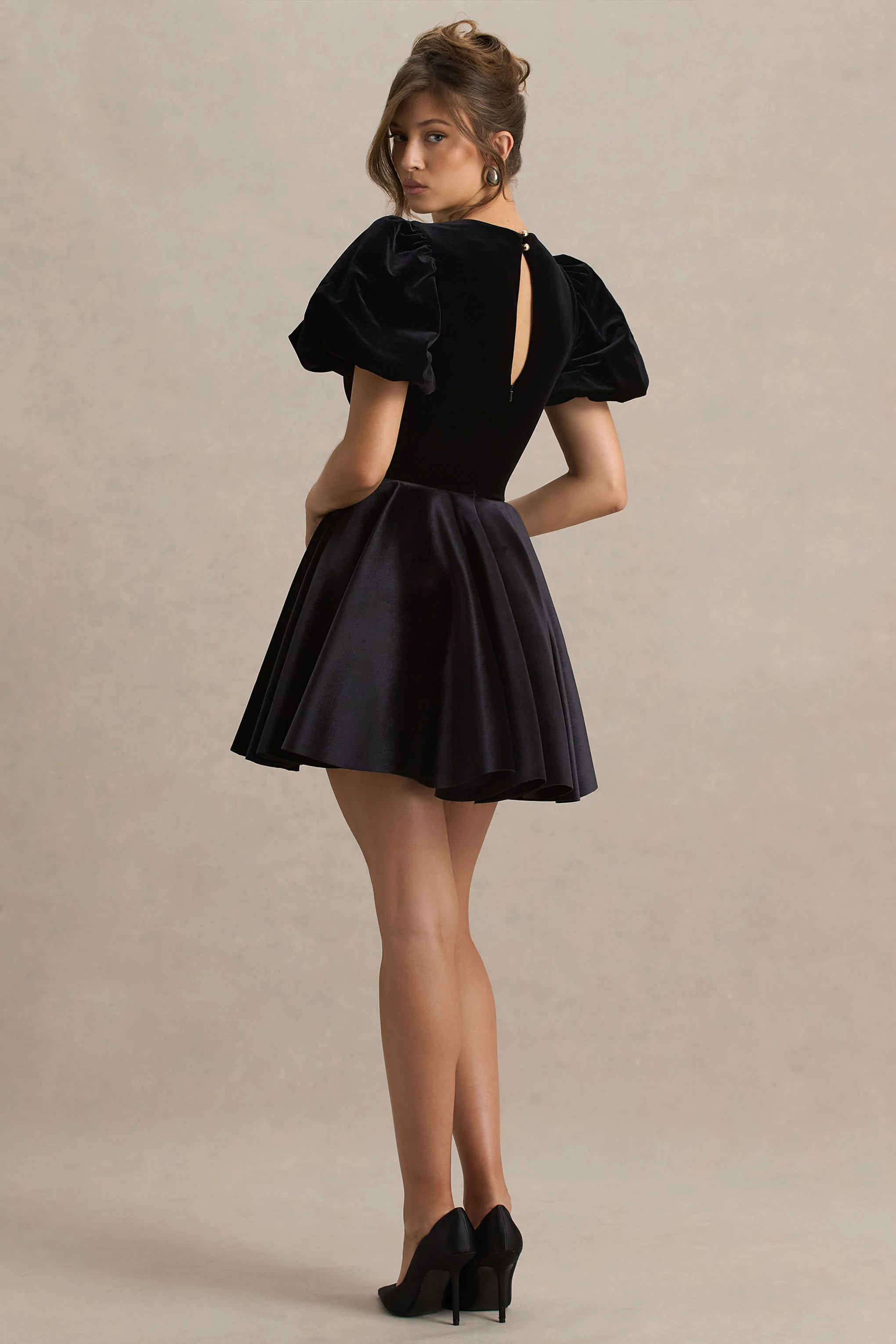 Priya | Black Velvet Mini Dress With Puff Sleeves