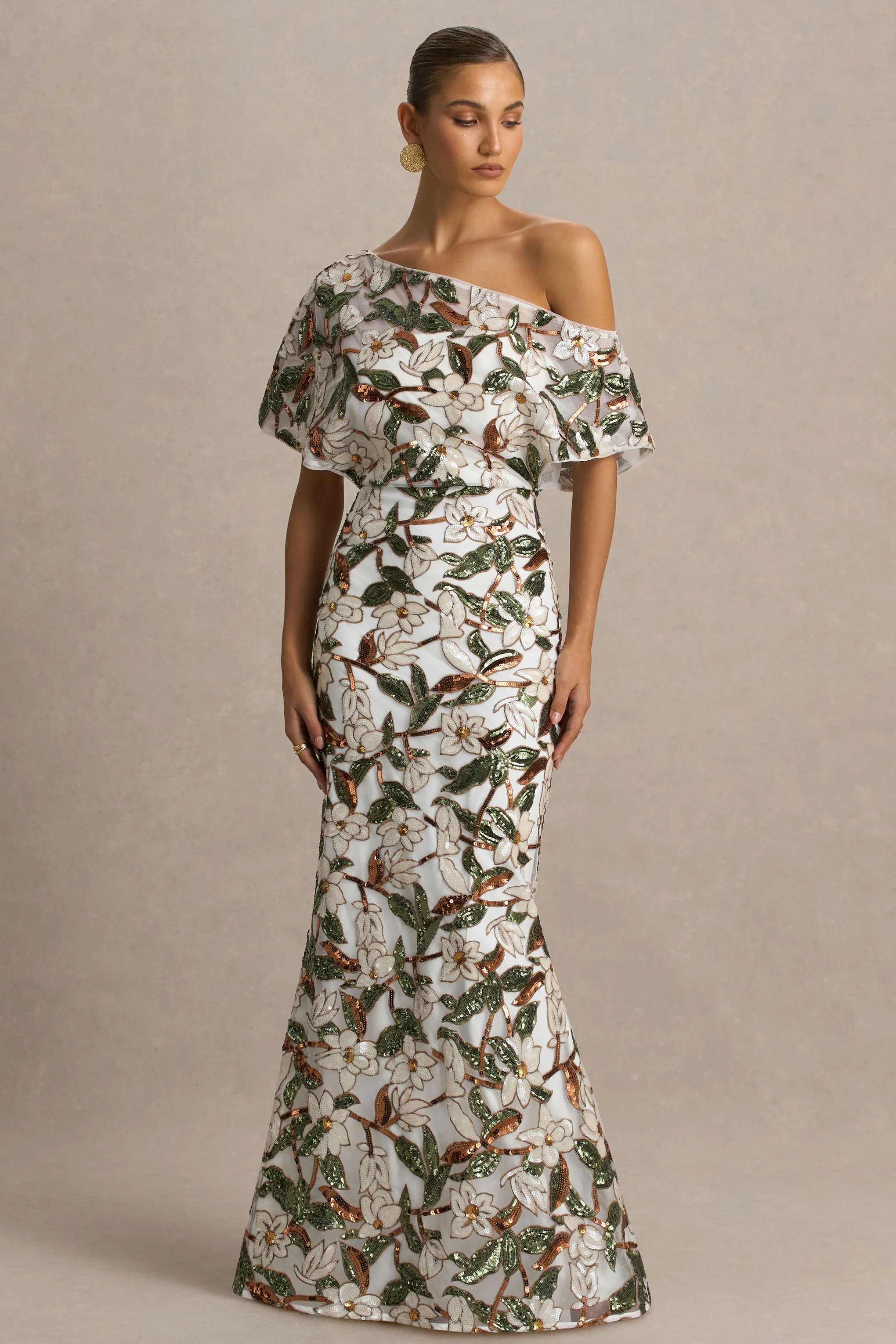 Iony | White And Green Embellished Sequin Floral And Mesh Asymmetric-Neck Maxi Dress