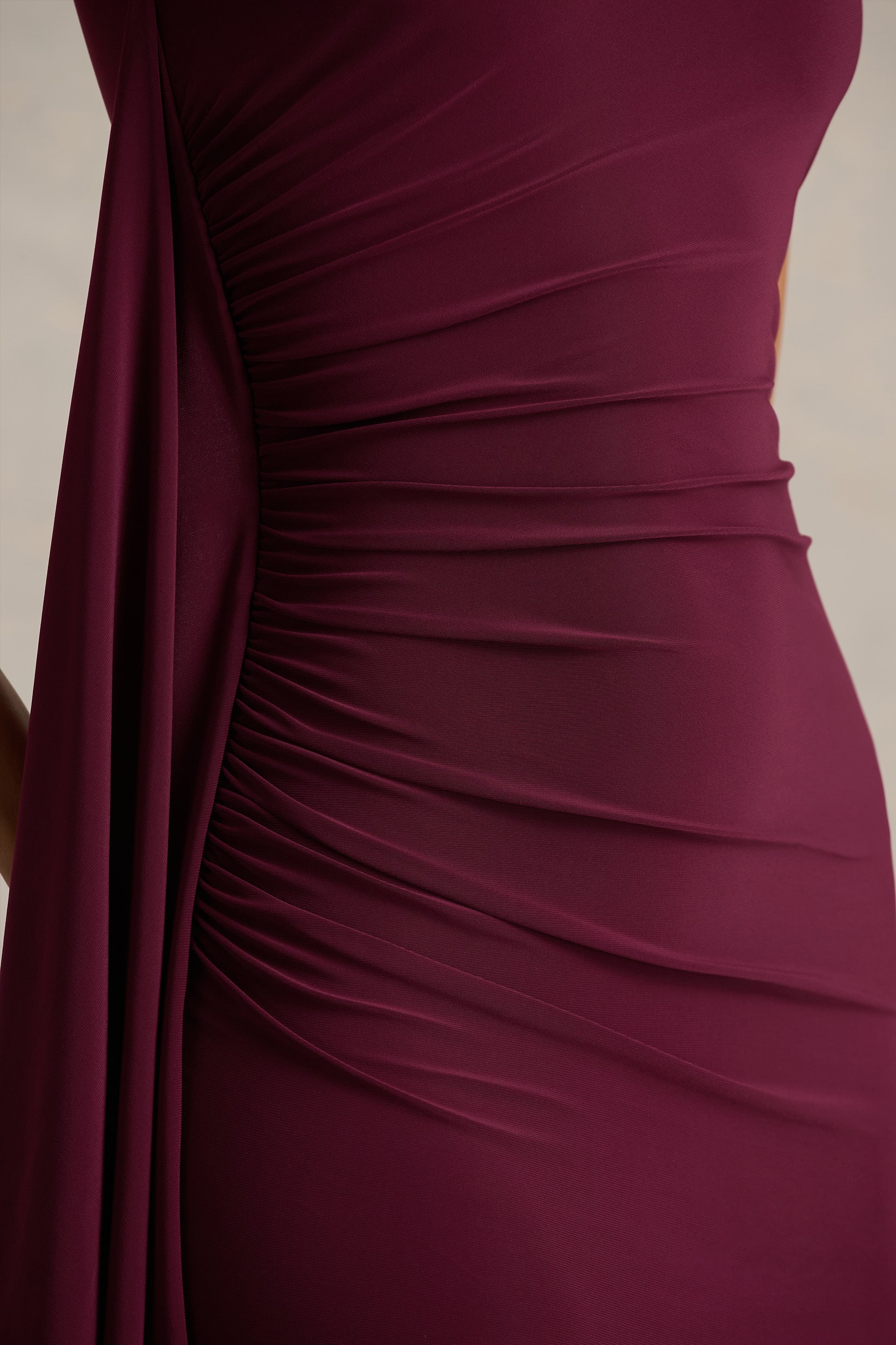 Adelina | Burgundy One-Shoulder Maxi Dress With Drape