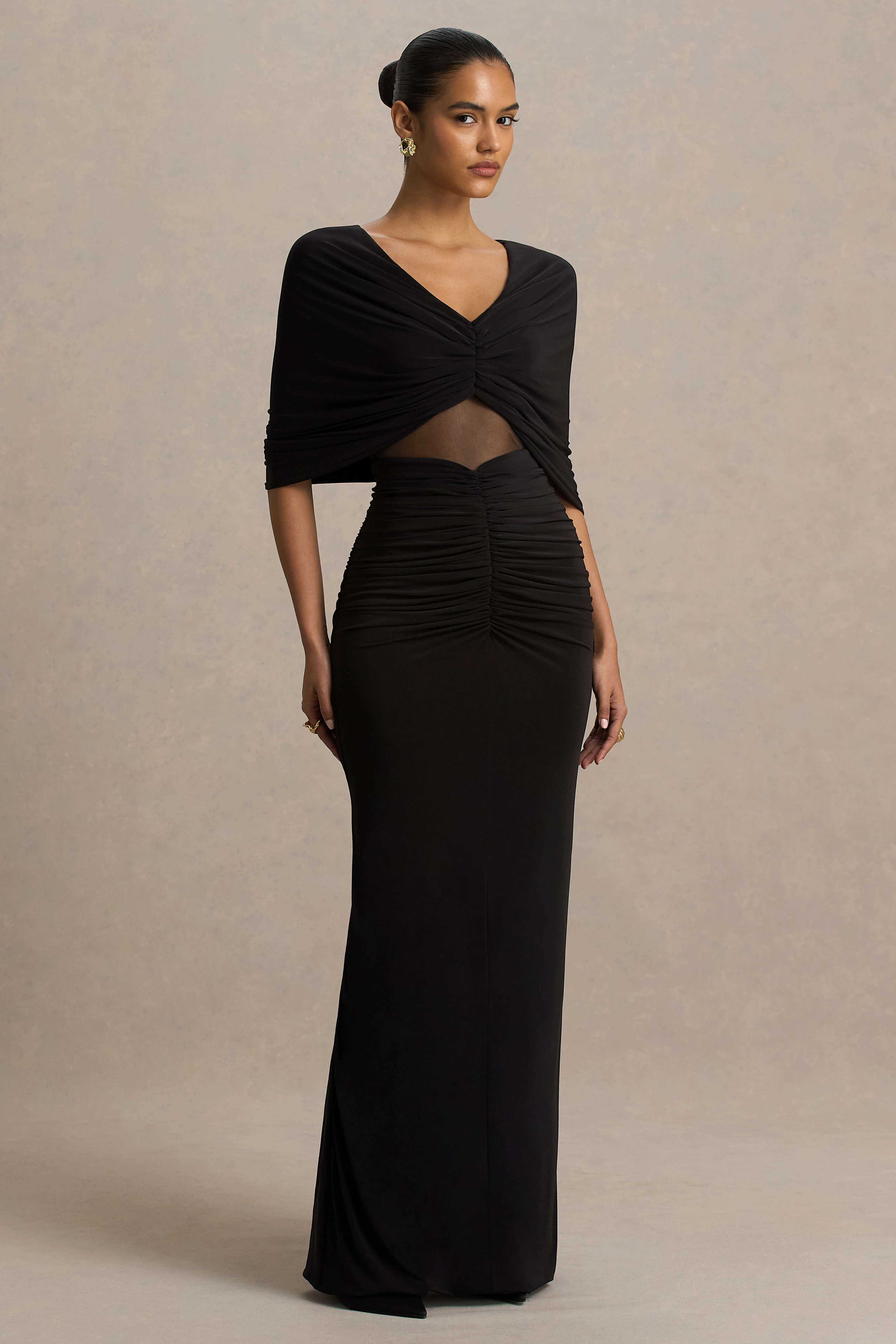 Zinnie | Black Cape-Sleeve Maxi Dress With Mesh Panel