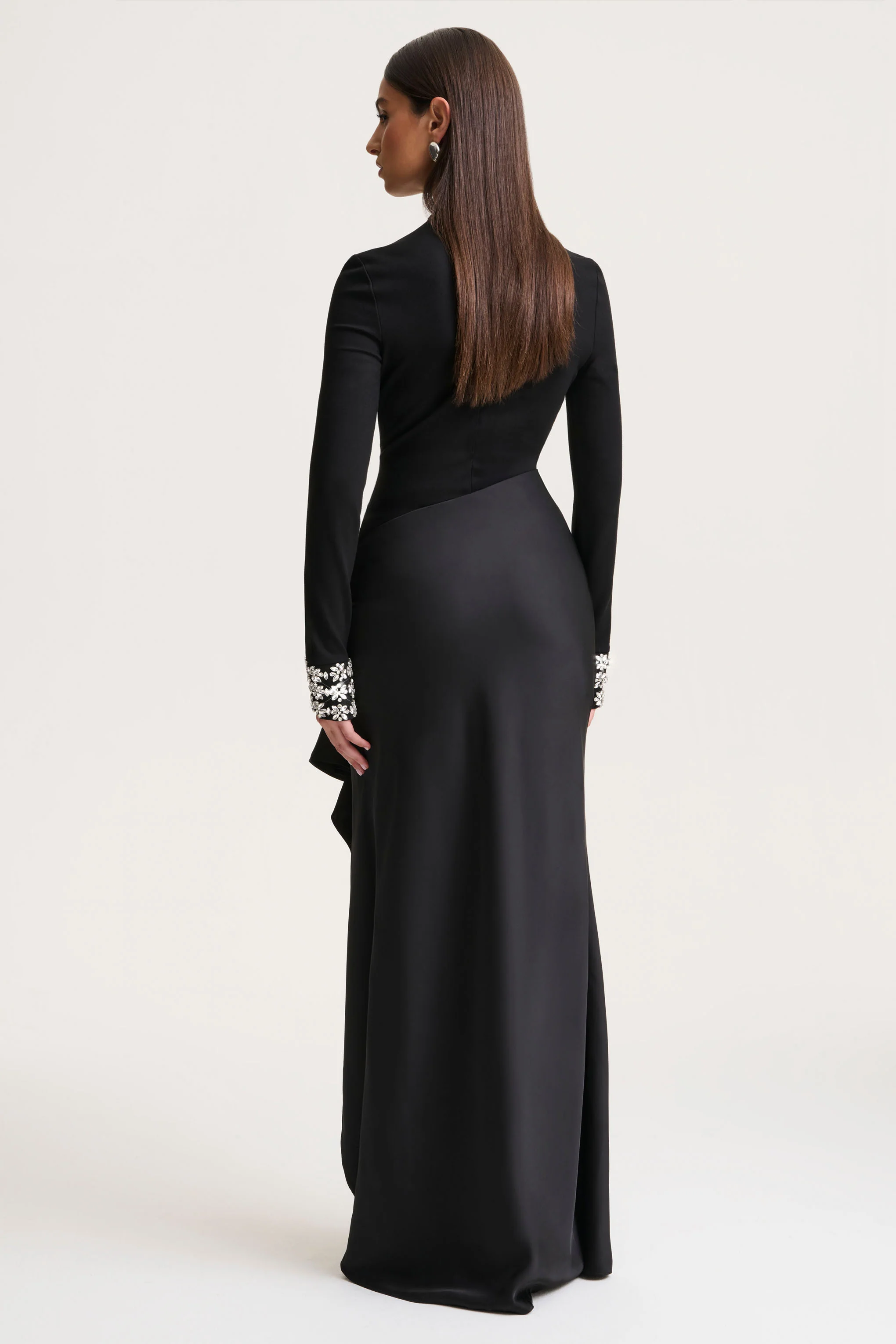 Starred | Black High-Neck Maxi Dress With Satin Wrap-Skirt And Embellished Cuffs