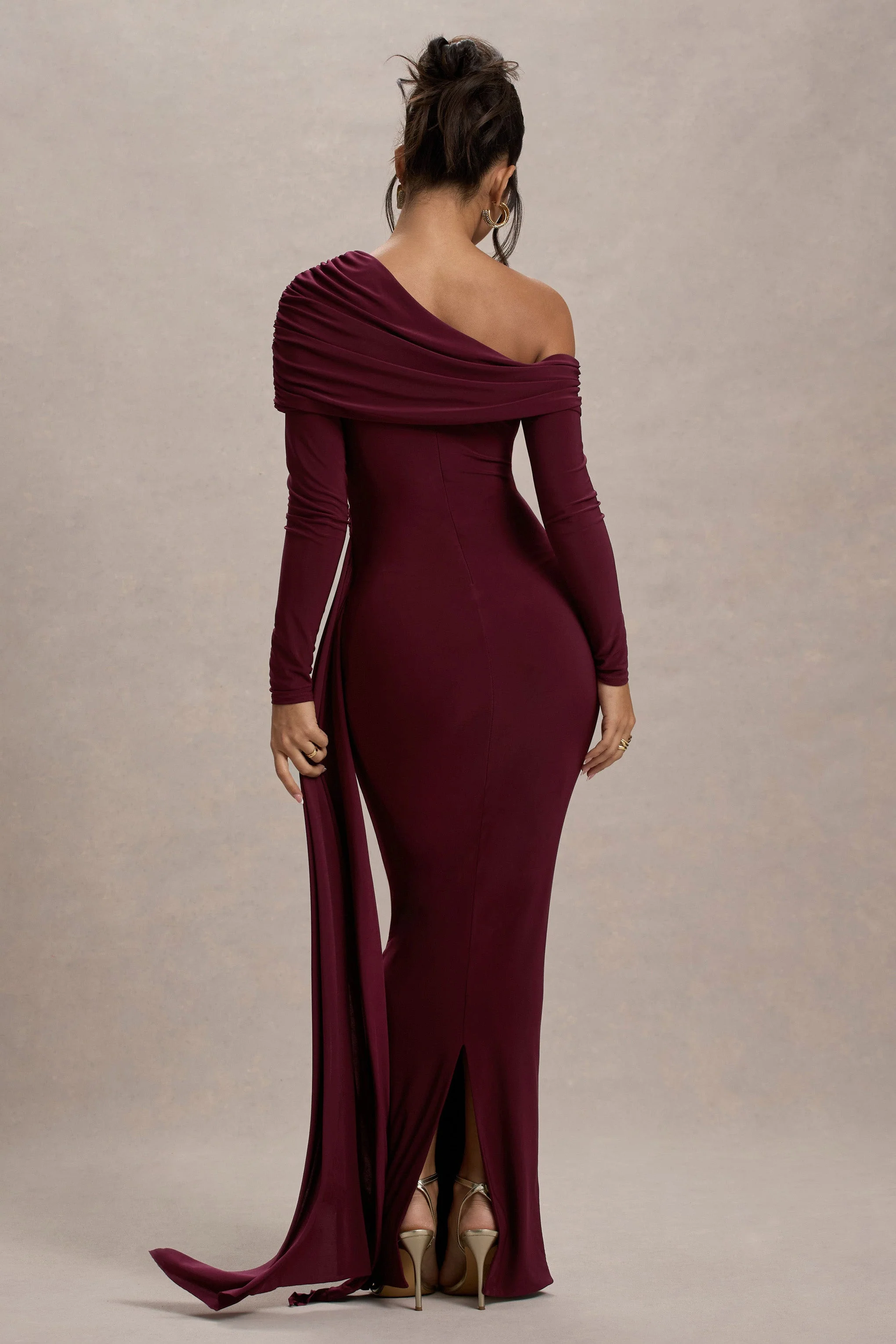 Valina | Burgundy Ruched Asymmetric Maxi Dress With Drape