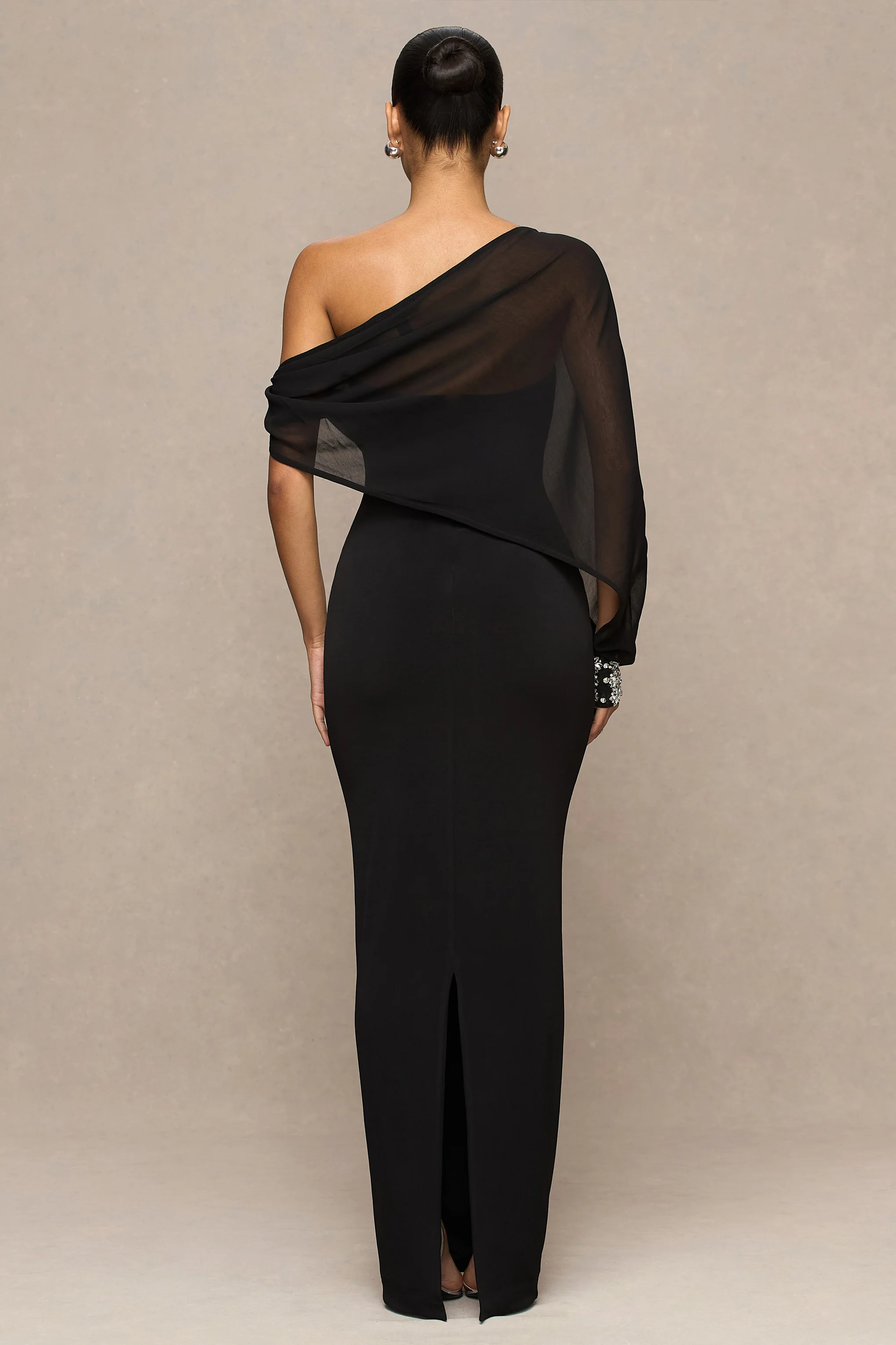 Milania | Black Asymmetric-Neck Maxi Dress With Twist-Sleeve