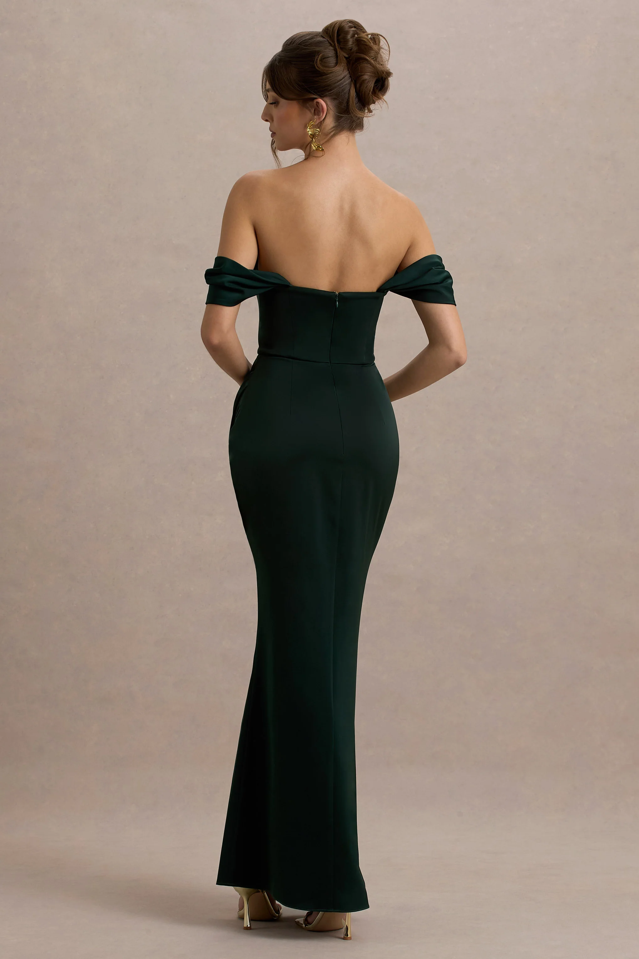 Annie | Bottle Green Satin Bardot Maxi Dress With Split Wrap Skirt