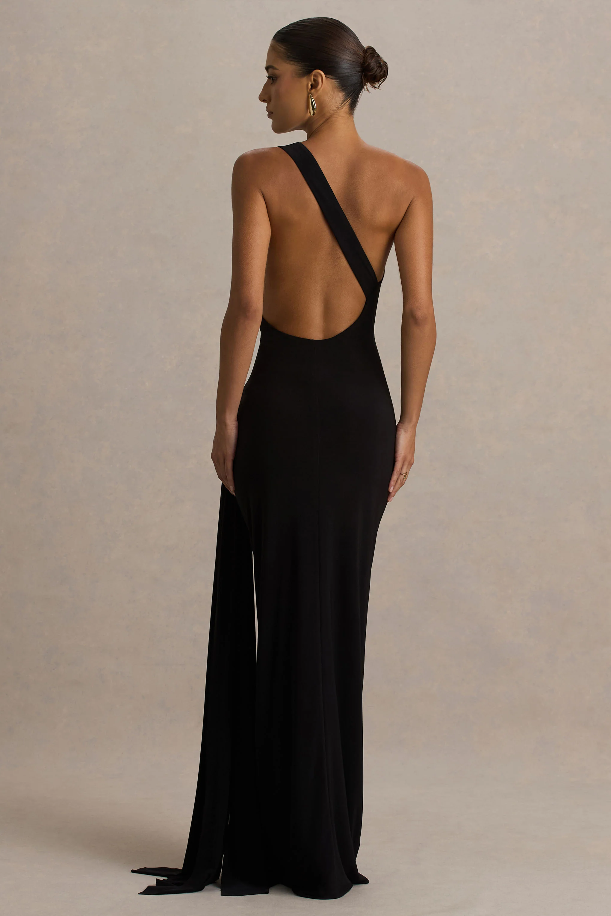 Bonnie | Black Asymmetric-Neck Maxi Dress With Open-Back