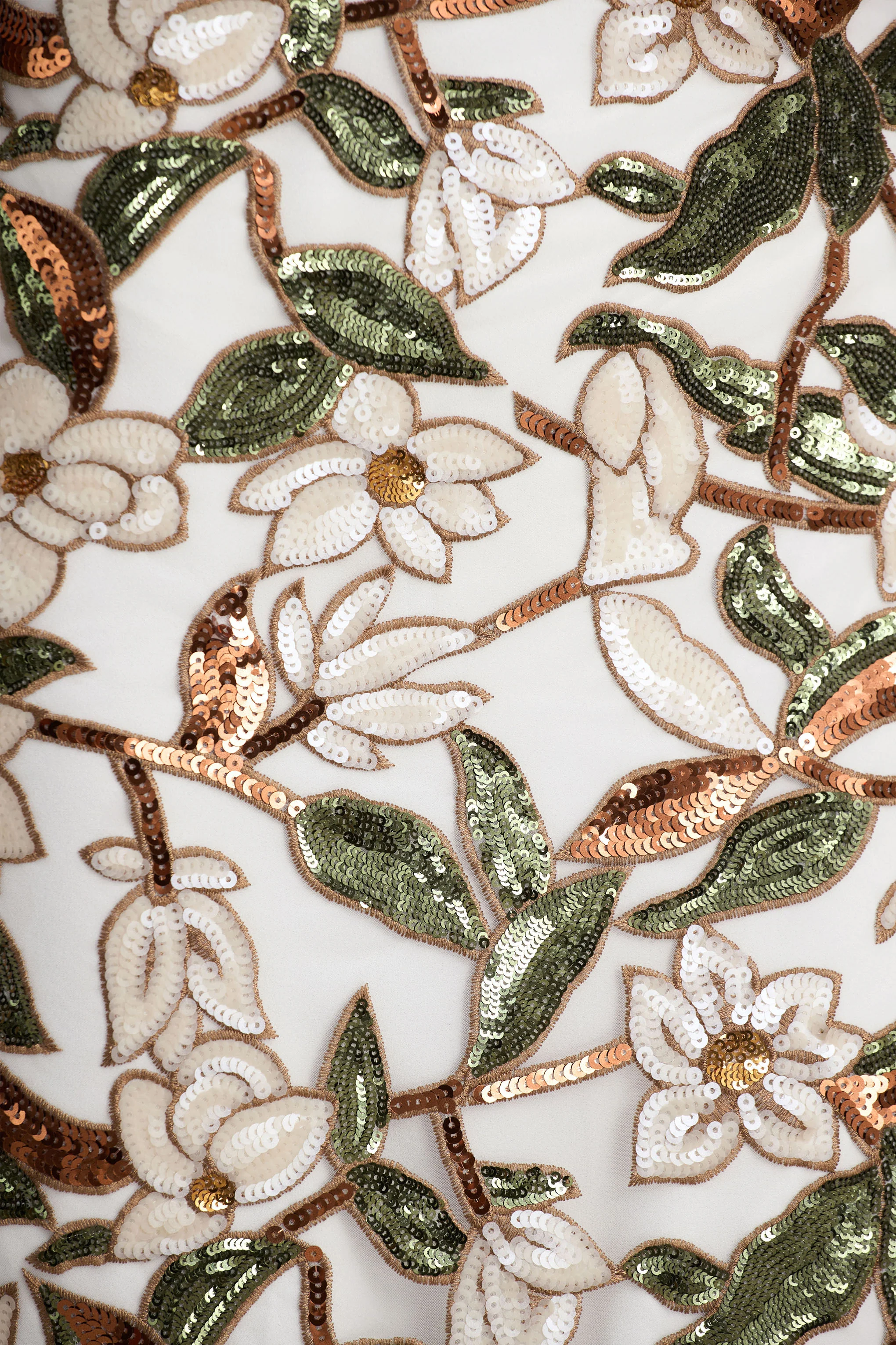 Iony | White And Green Embellished Sequin Floral And Mesh Asymmetric-Neck Maxi Dress