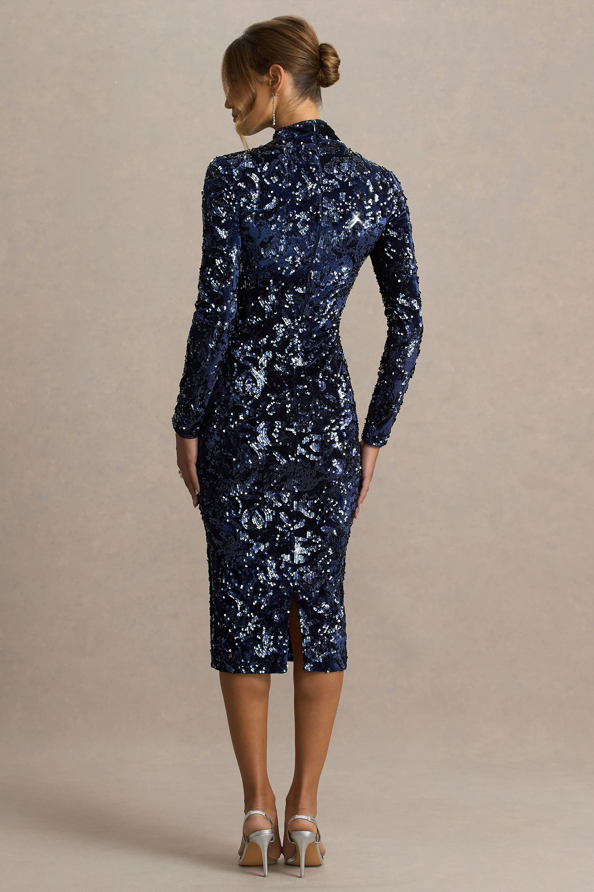 Alanita | Navy Velvet And Sequin Embellished High-Neck Midi Dress With Long Sleeves