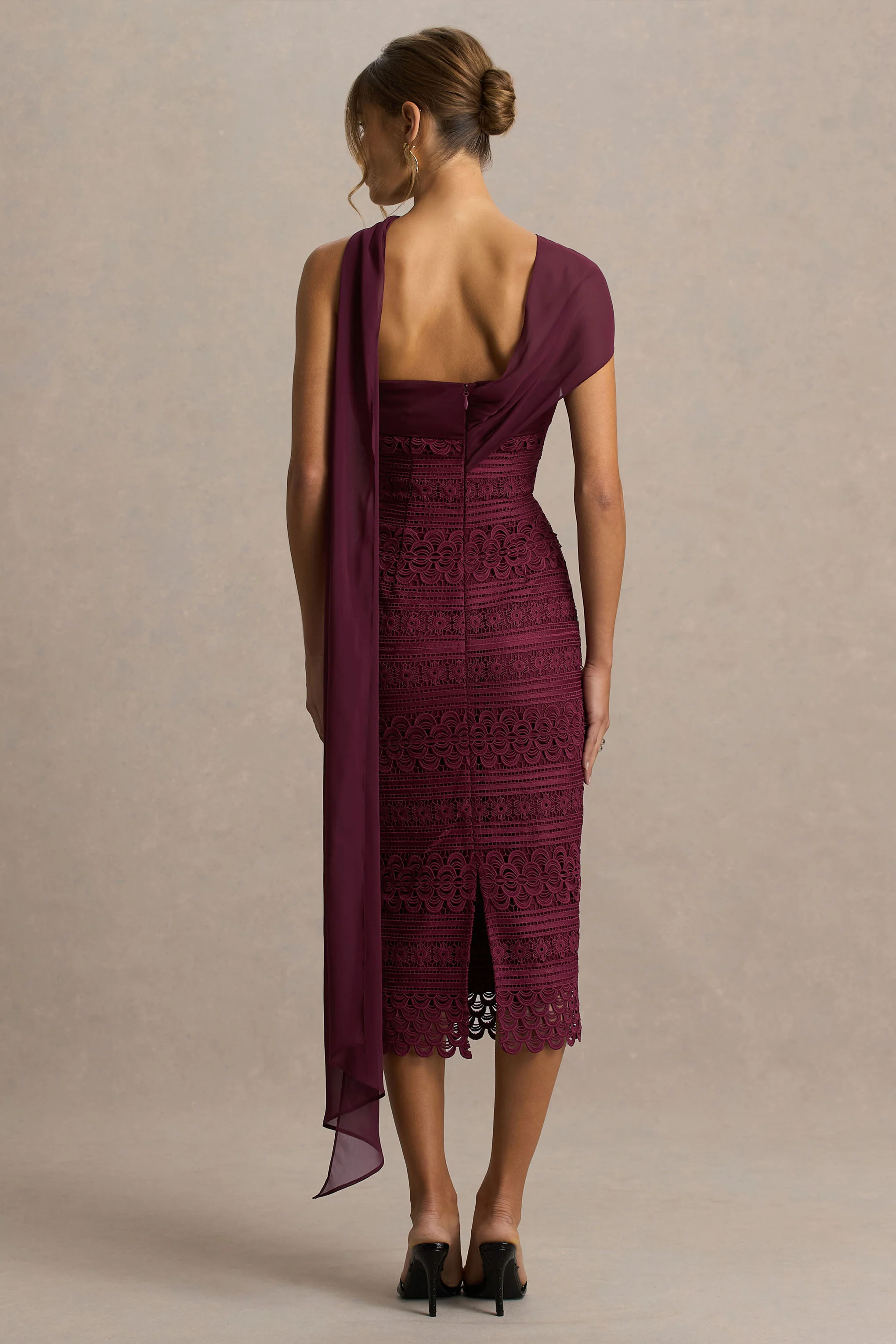 Secret | Burgundy Bandeau Lace Midi Dress With Scarf Detail