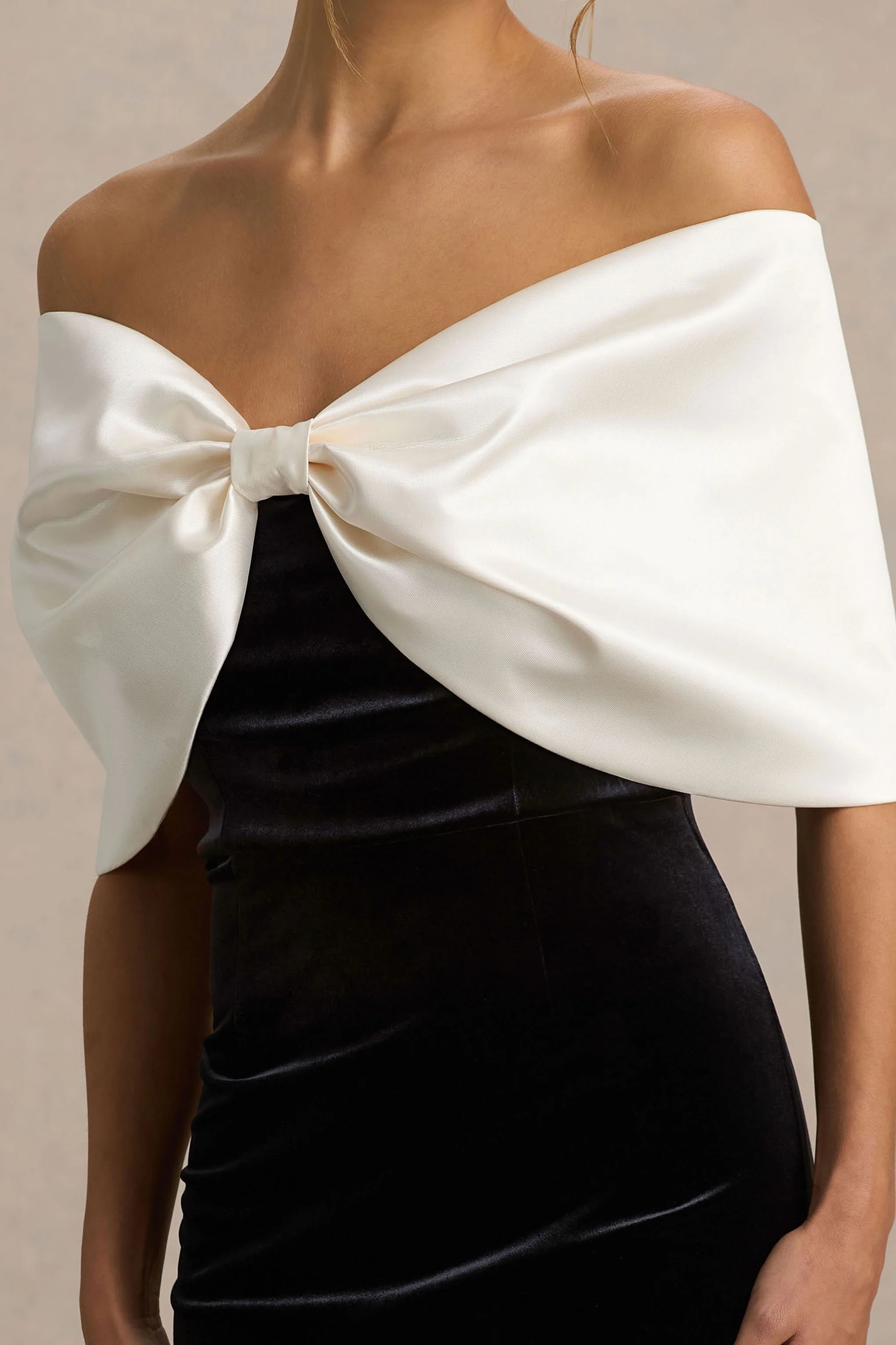 Twilight | Black And White Velvet Bardot-Neck Midi Dress With Oversized Satin Bow