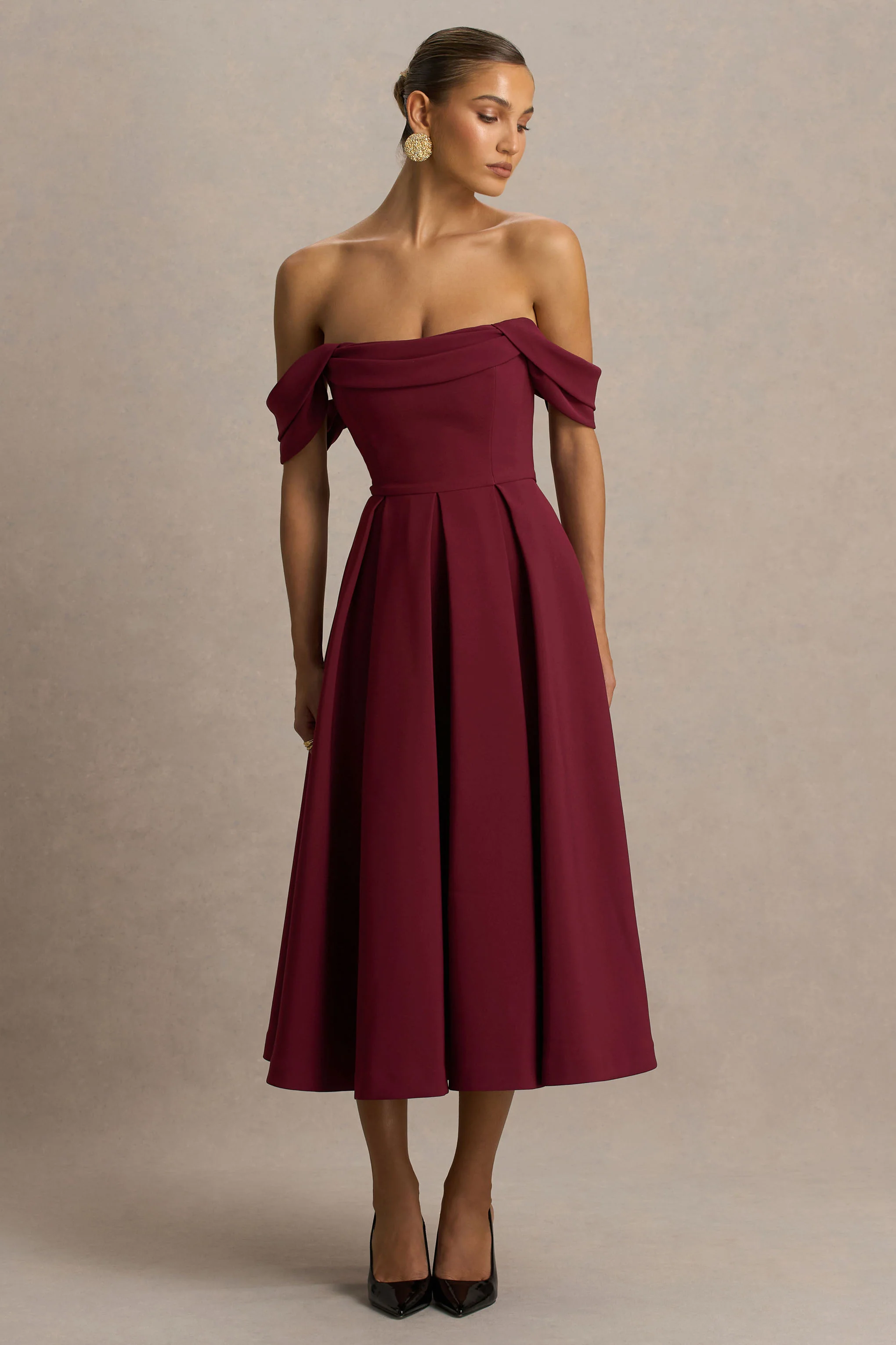 Cosima | Burgundy Bardot-Neck Midi Dress