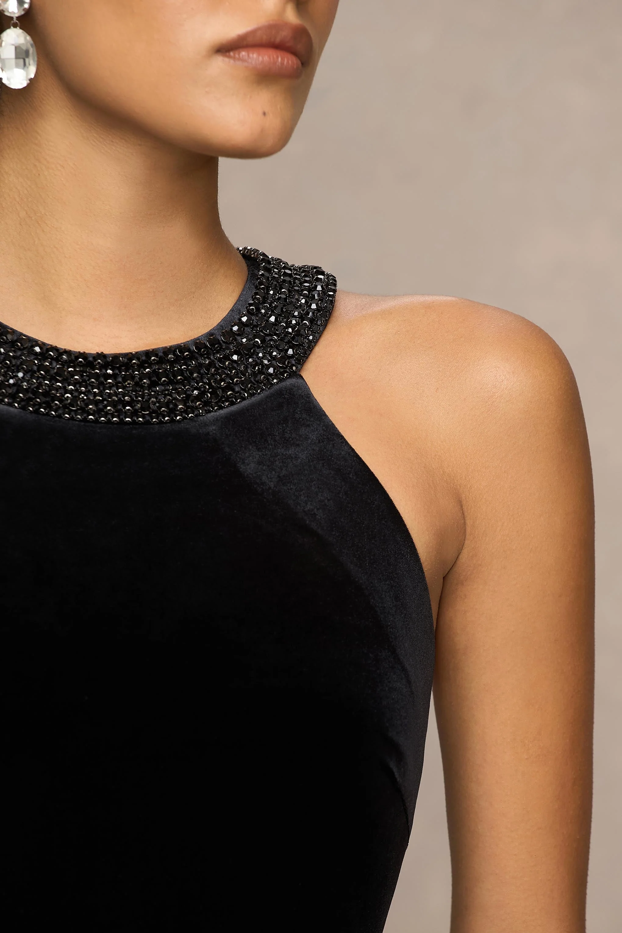 Darya | Black Velvet Embellished High-Neck Maxi Dress