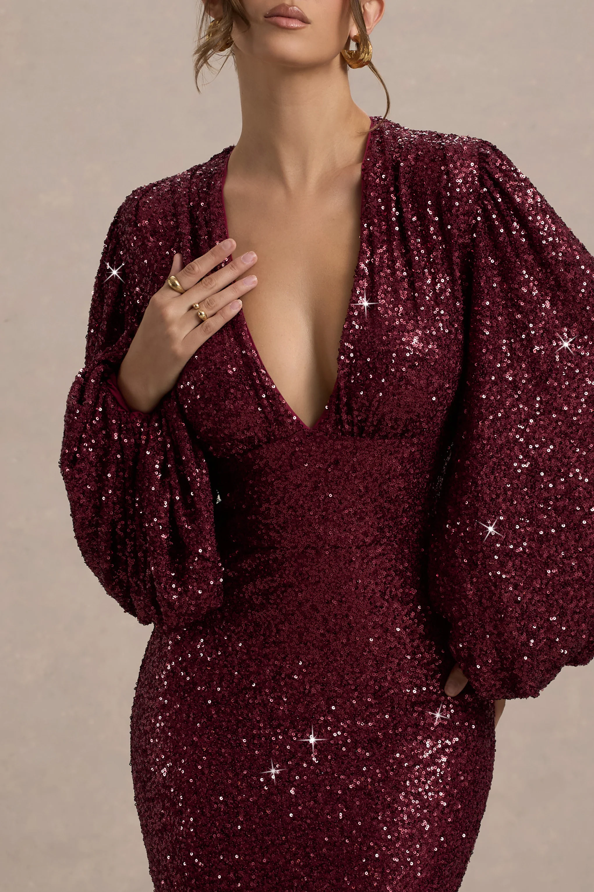 Kaelin | Berry Sequin Plunge-Neck Maxi Dress