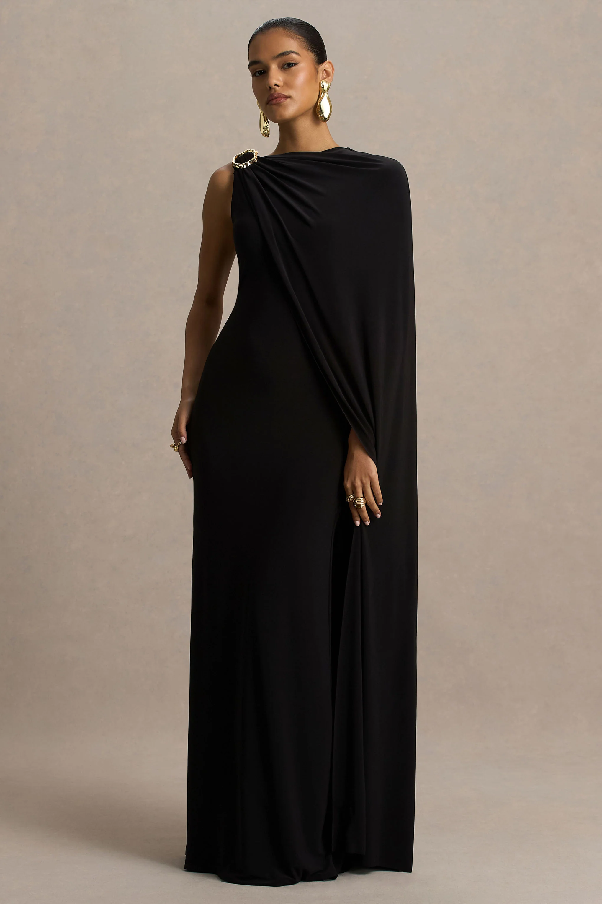 Cressida | Black Asymmetric-Neck Maxi Dress With Cape And Gold Detail
