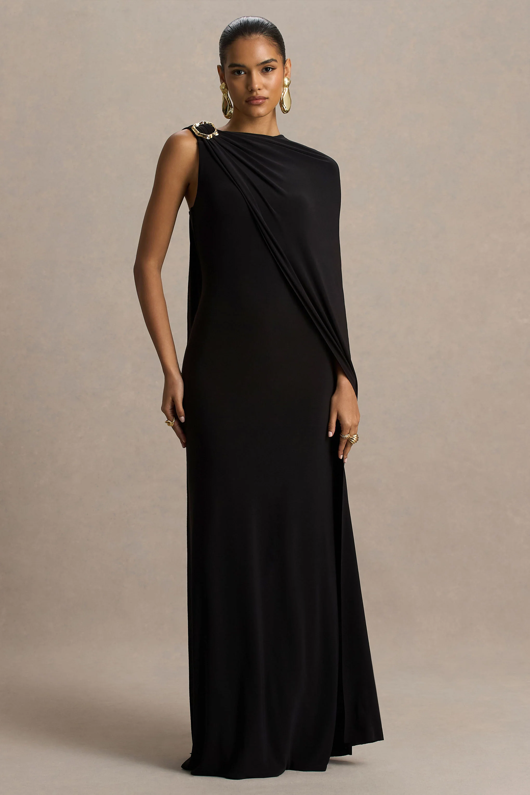 Cressida | Black Asymmetric-Neck Maxi Dress With Cape And Gold Detail