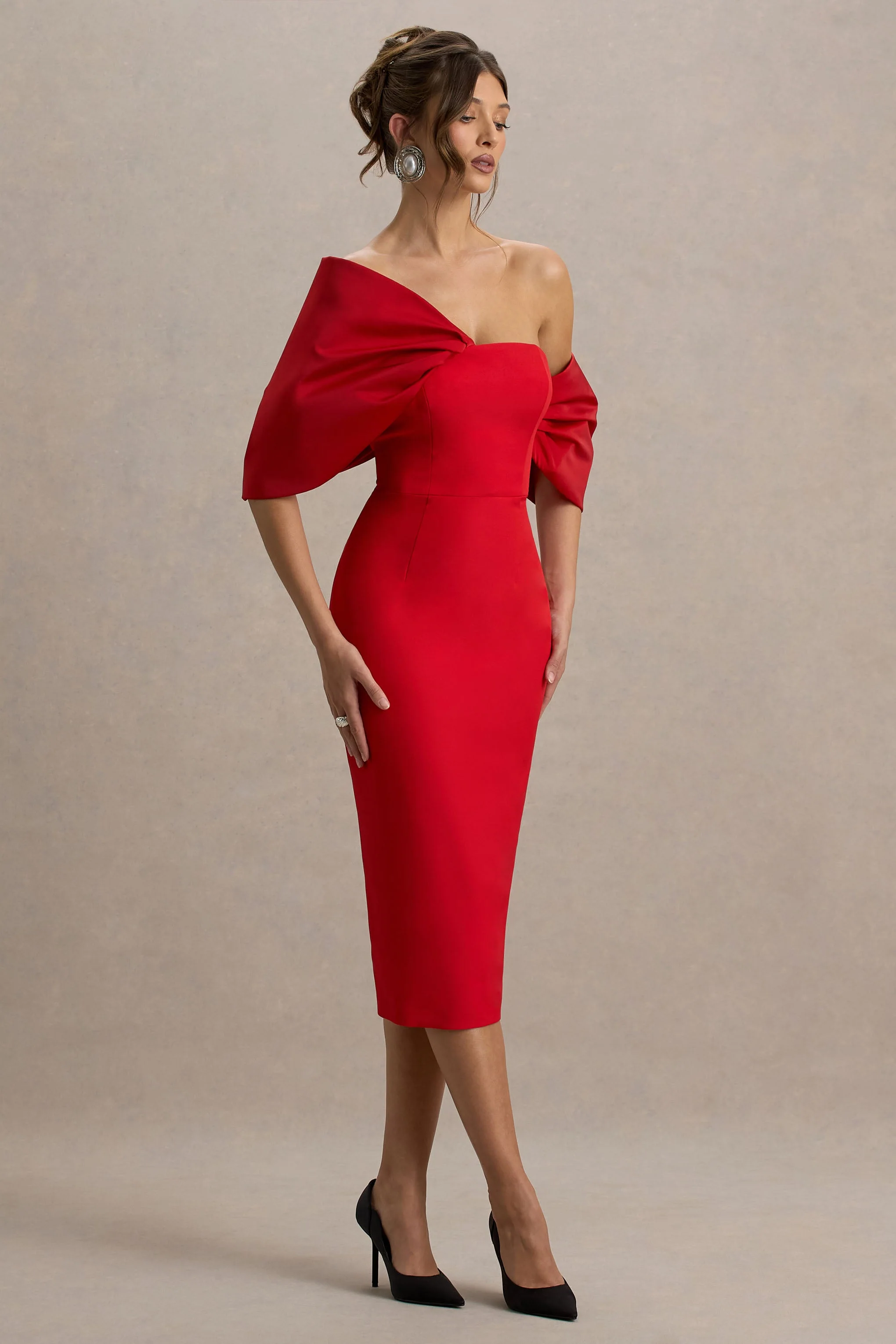 Lucille | Red Asymmetric Bardot Midi Dress With Bow Detail