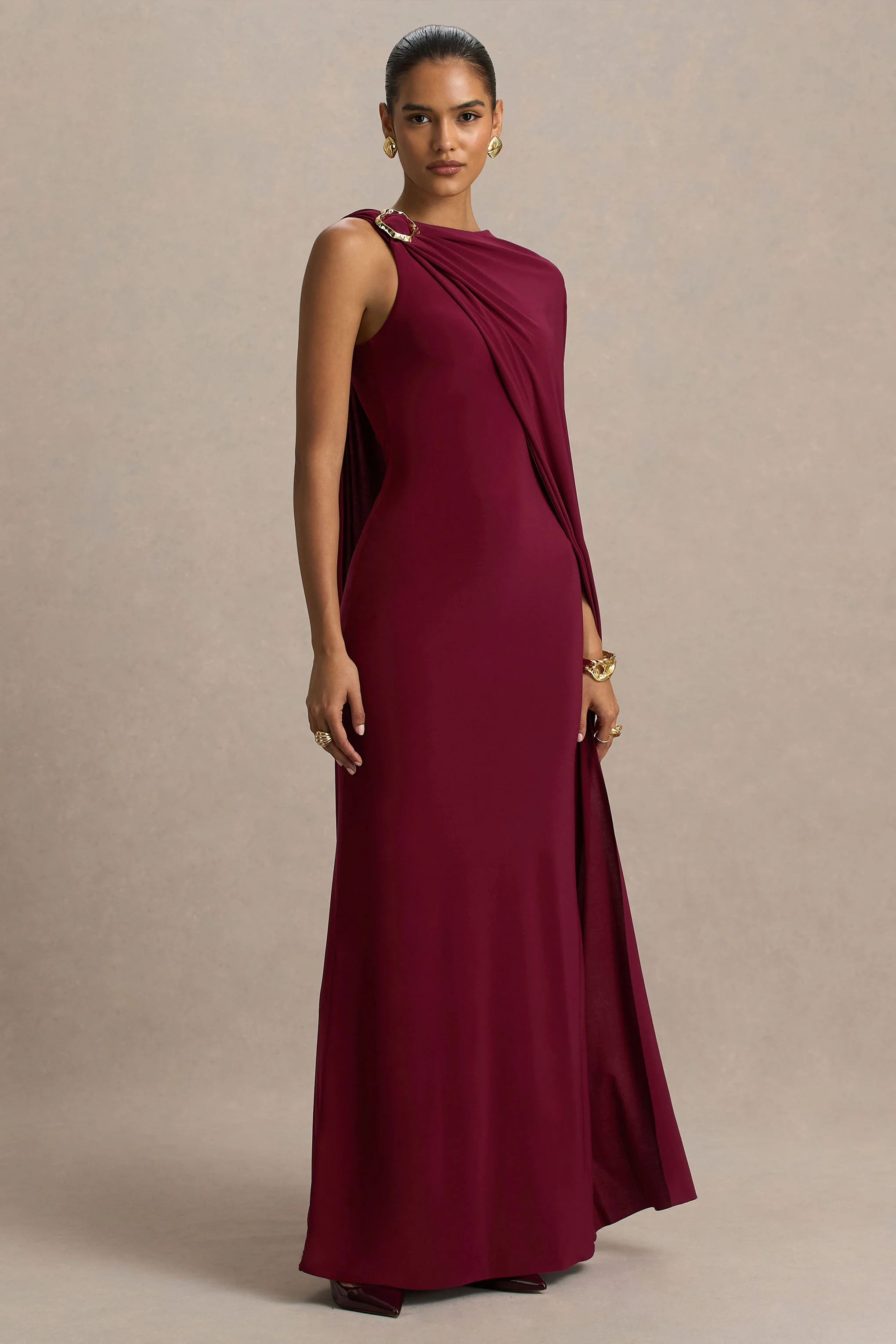 Cressida | Burgundy Asymmetric-Neck Maxi Dress With Cape And Gold Detail