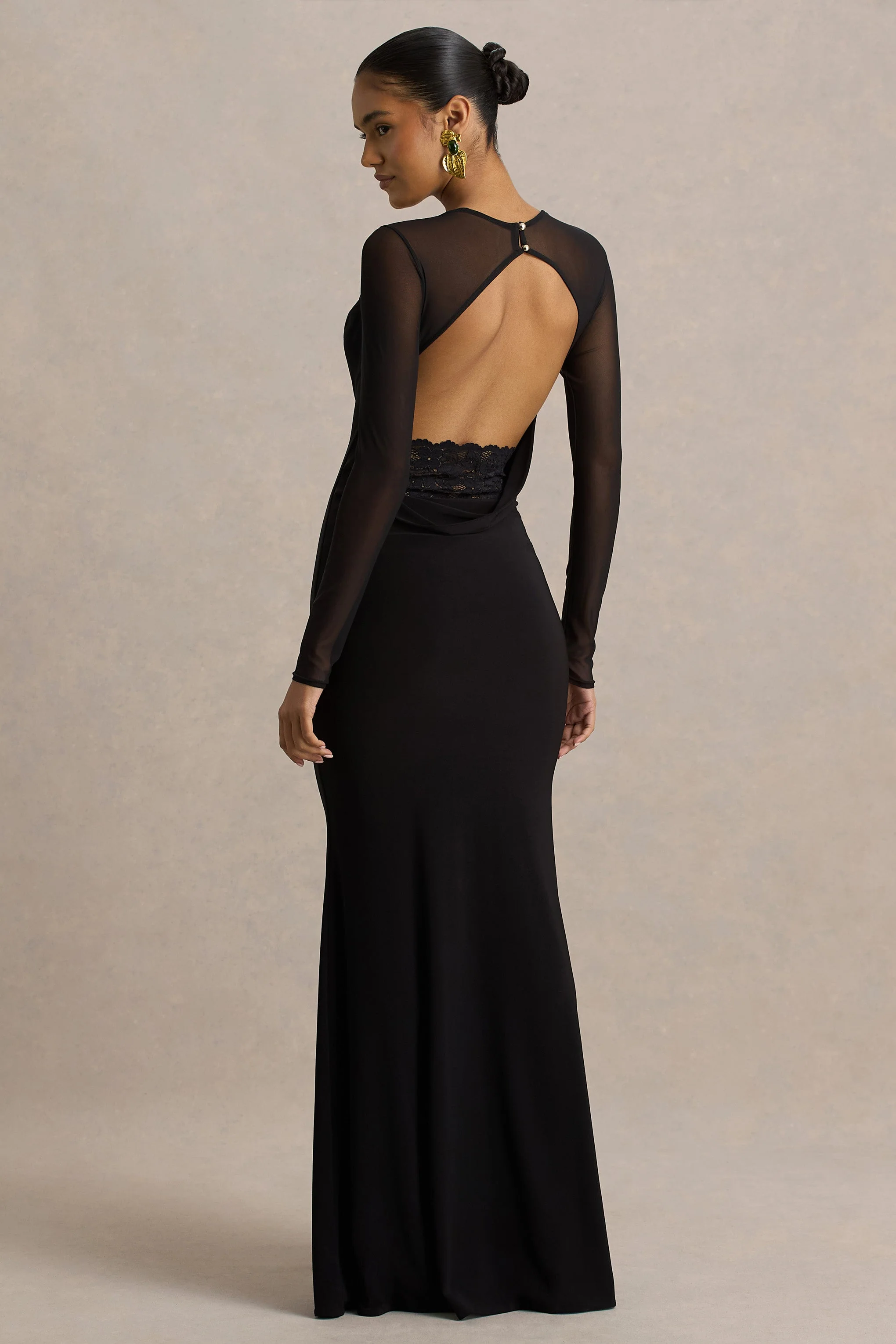 Bethan | Black Cowl-Neck Maxi Dress With Mesh Sleeves And Open-Back