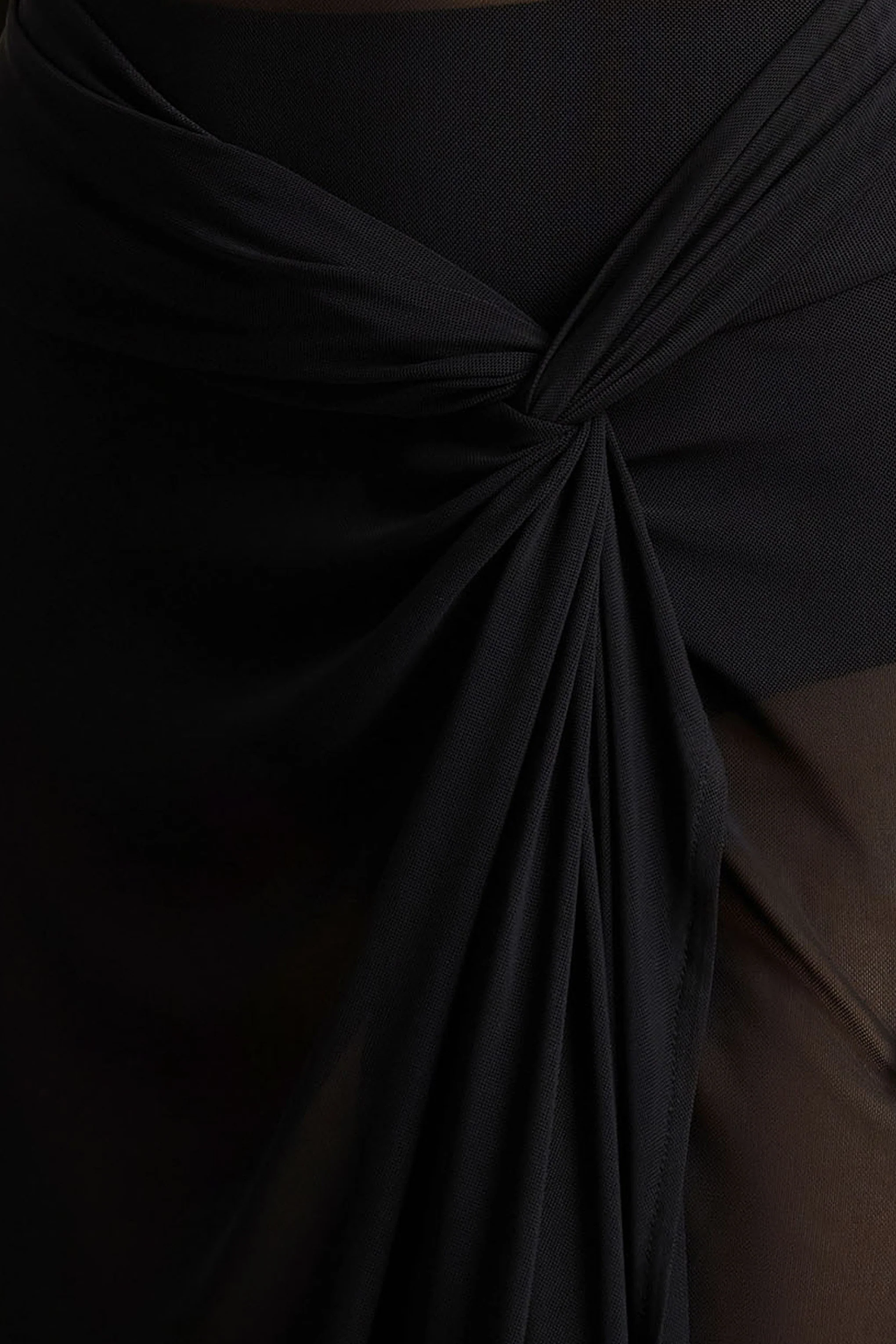 Koami | Black Mesh Long-Sleeve Ruched Maxi Dress With High Split