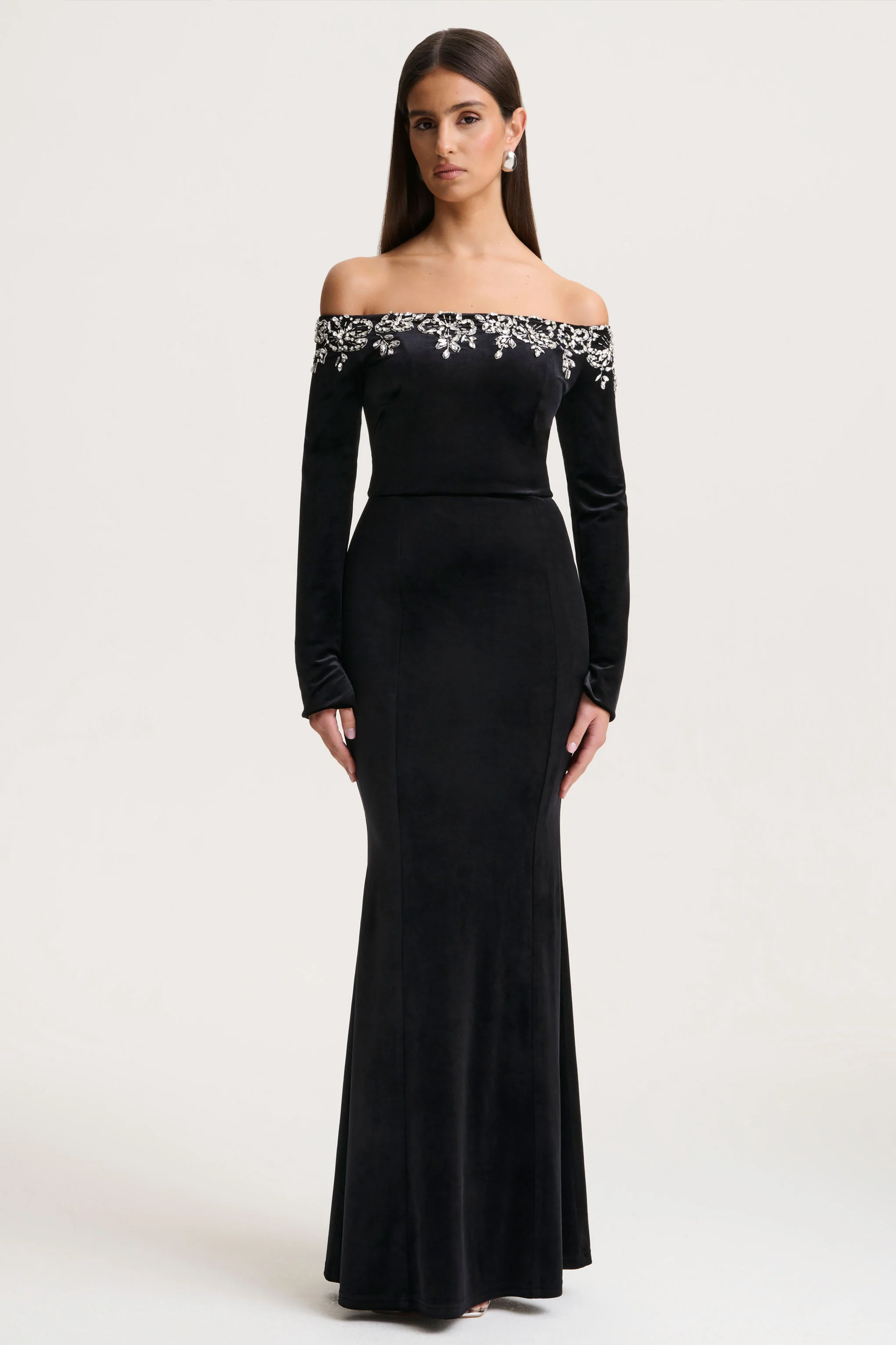 Fern | Black Velvet Embellished Bardot-Neck Maxi Dress
