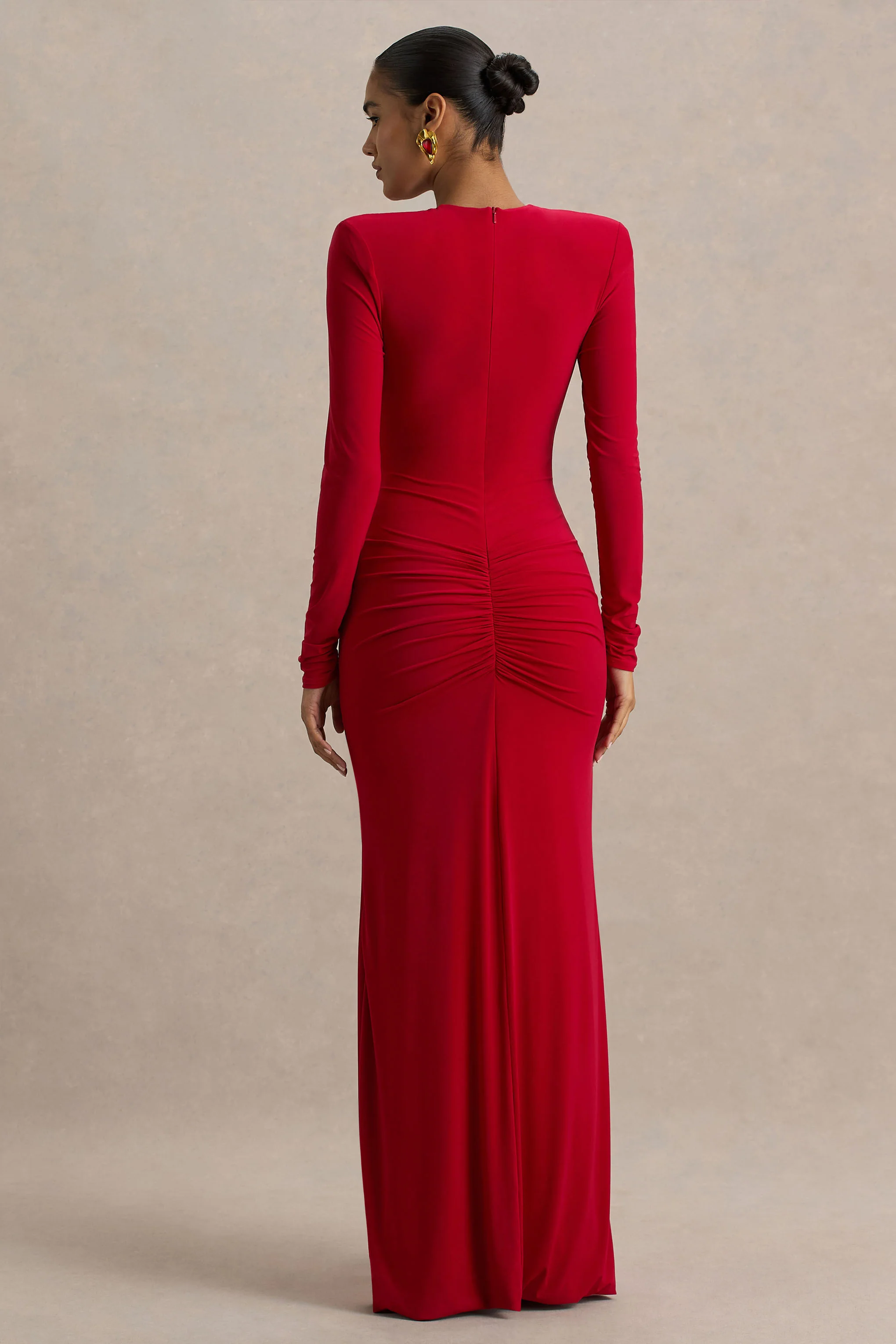 Jewel | Red Plunge-Neck Maxi Dress With Front Split and Ruched Detailing