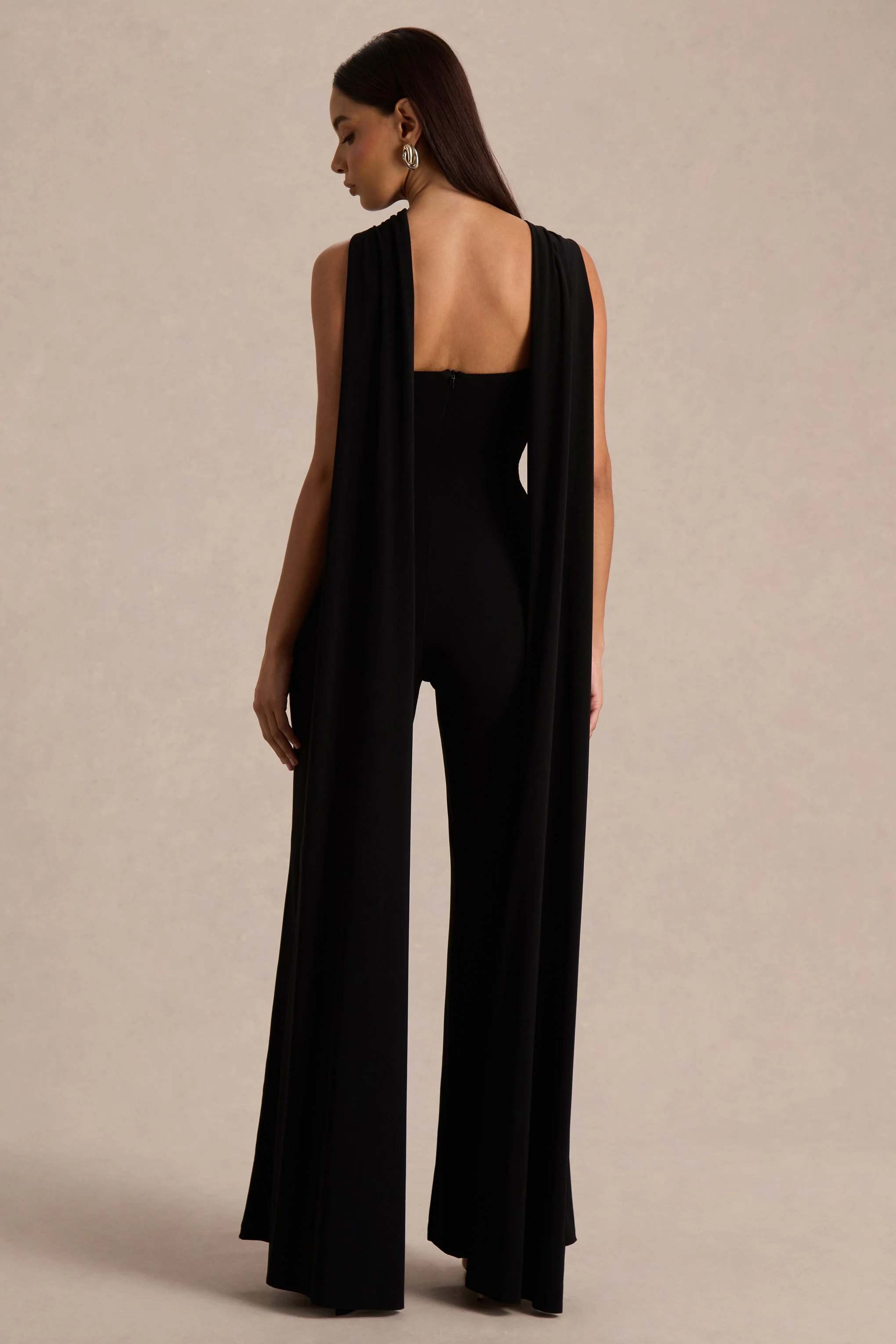 Mindy | Black Twist Halter-Neck Jumpsuit With Cape
