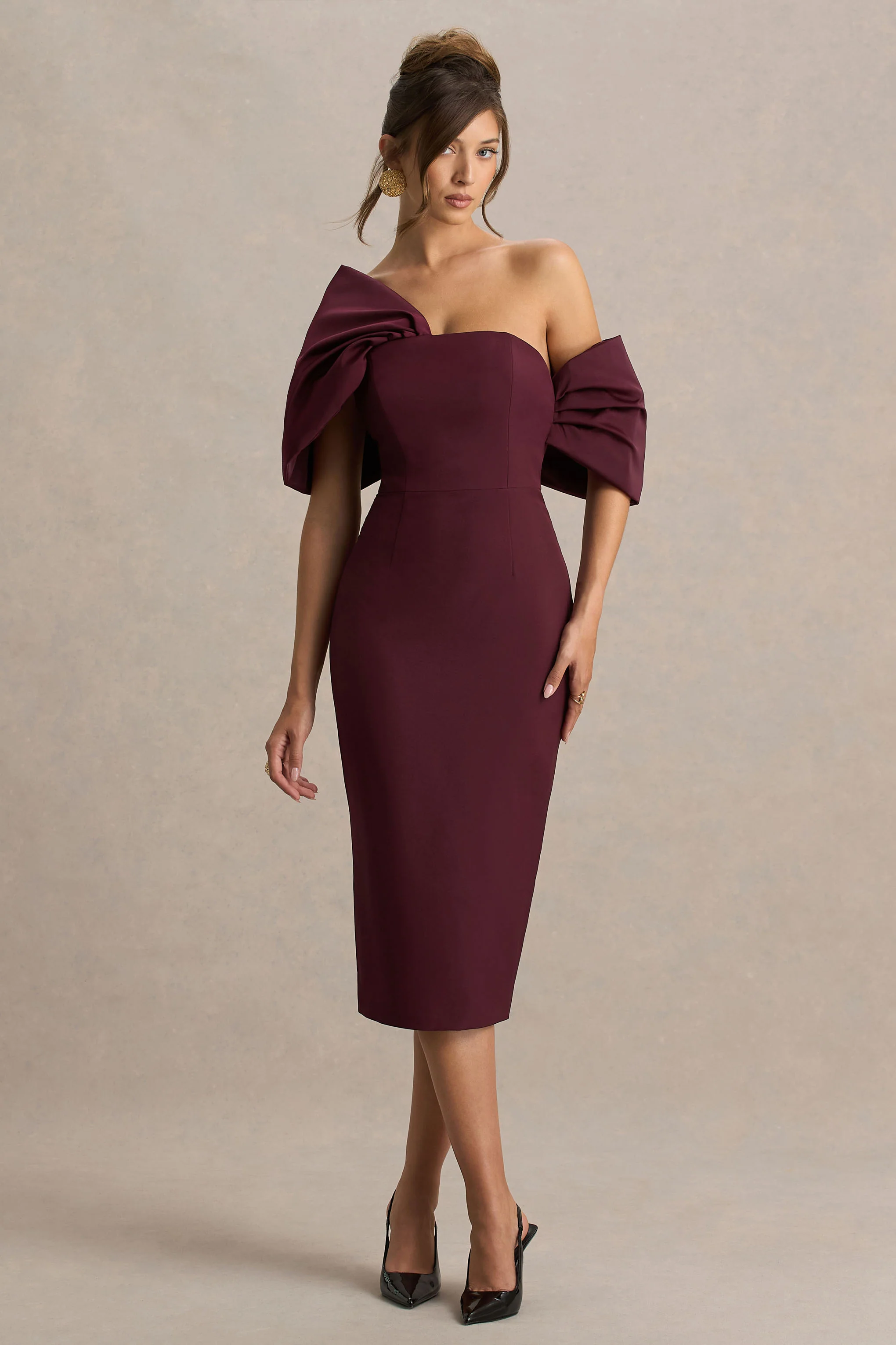 Lucille | Burgundy Asymmetric Bardot Midi Dress With Bow Detail