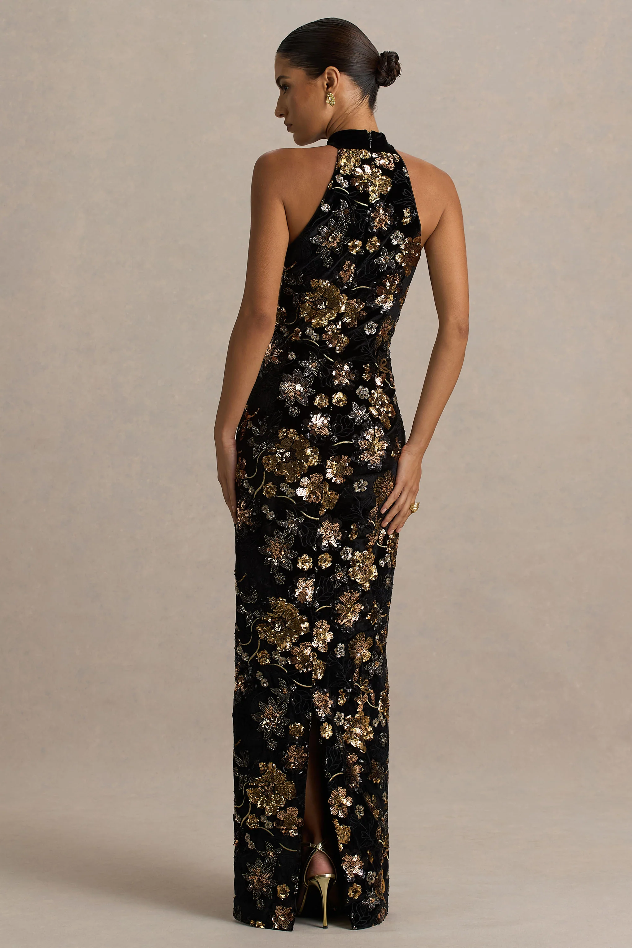 Tate | Black Velvet Halter-Neck Maxi Dress With Bronze Floral Sequin Embellishments