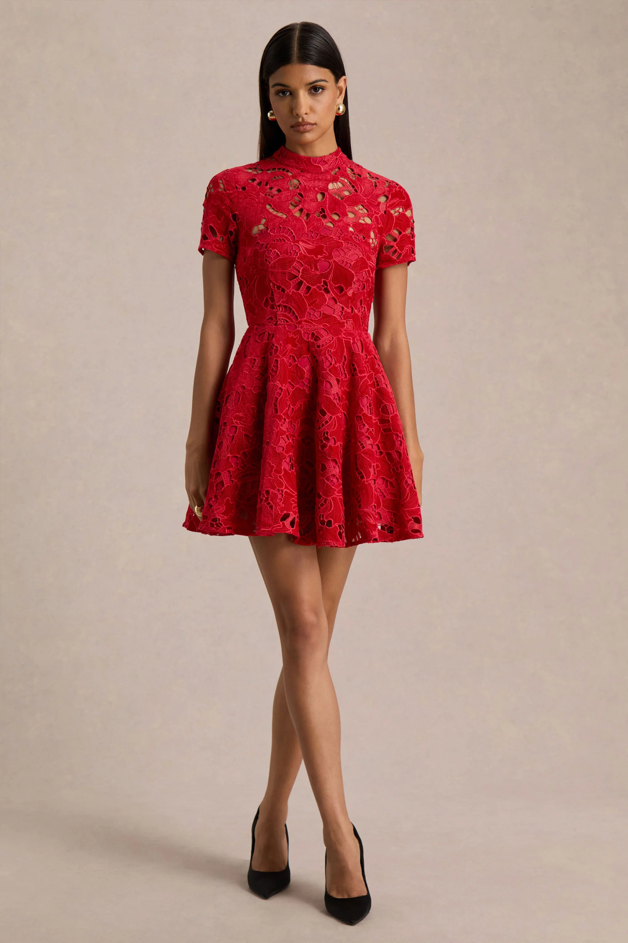 Roam | Red Lace High-Neck Mini Dress