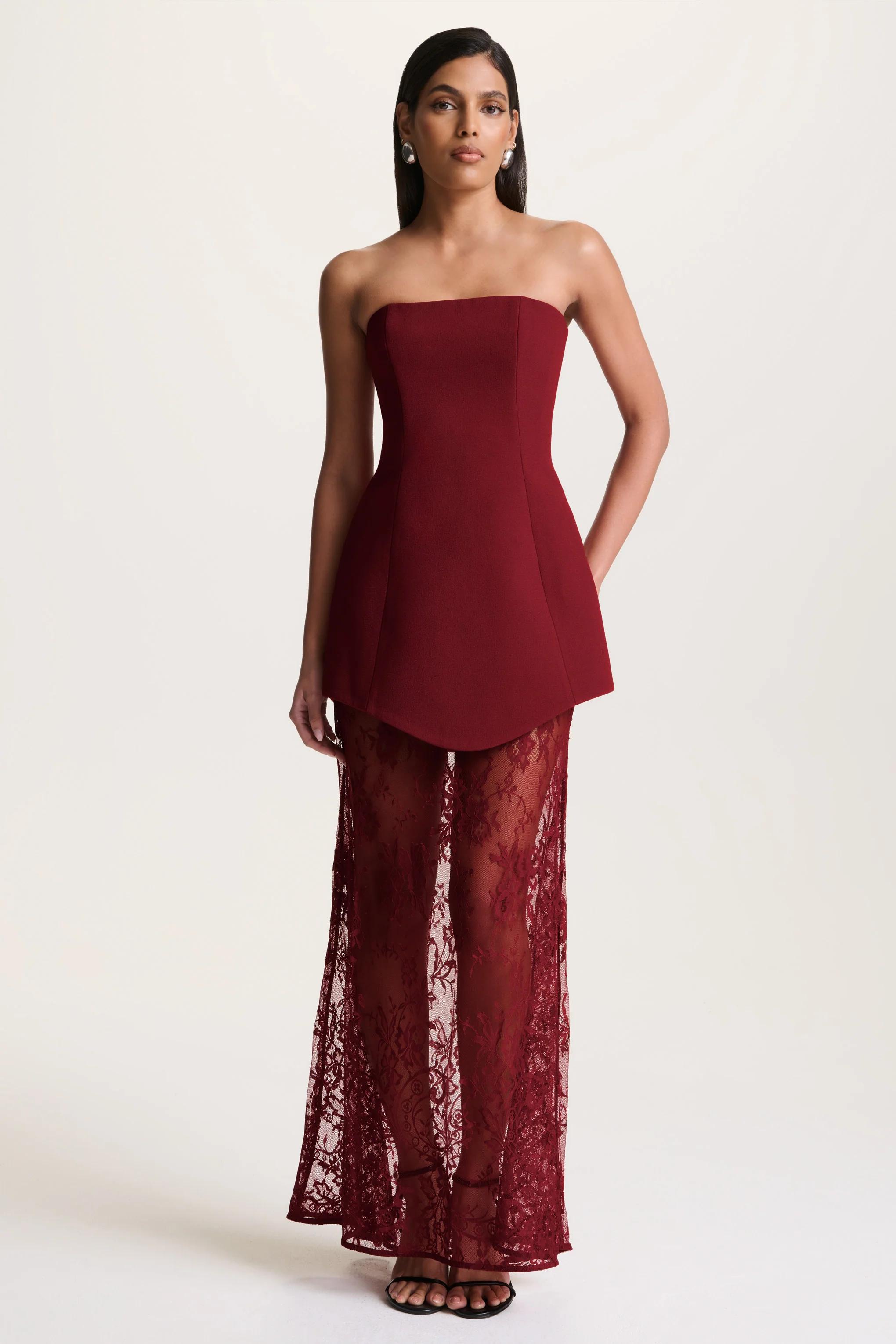 Brandi | Burgundy Bandeau Maxi Dress With Lace Skirt
