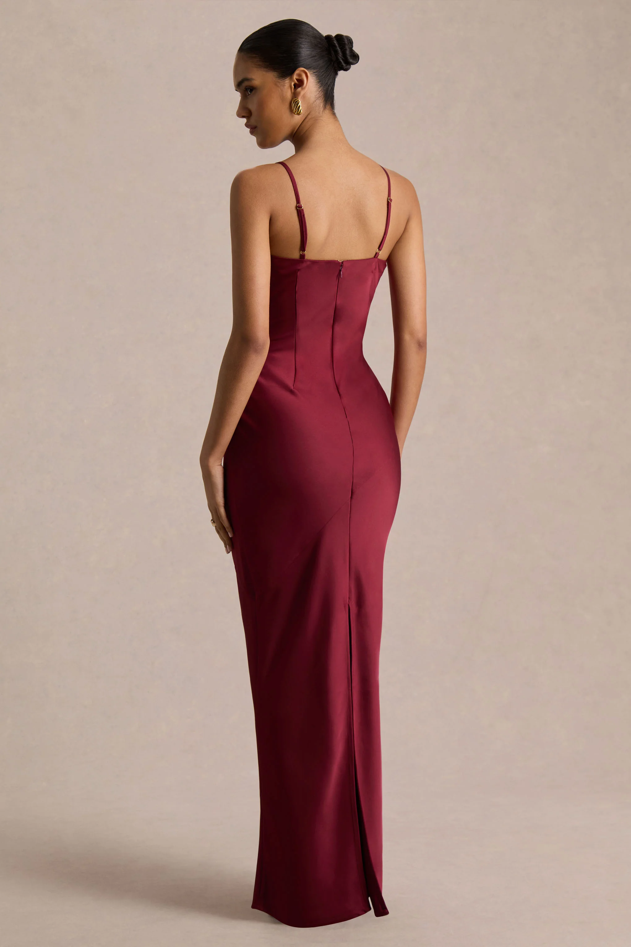 Yoli | Burgundy Satin Maxi Dress With Removable Twist-Cape