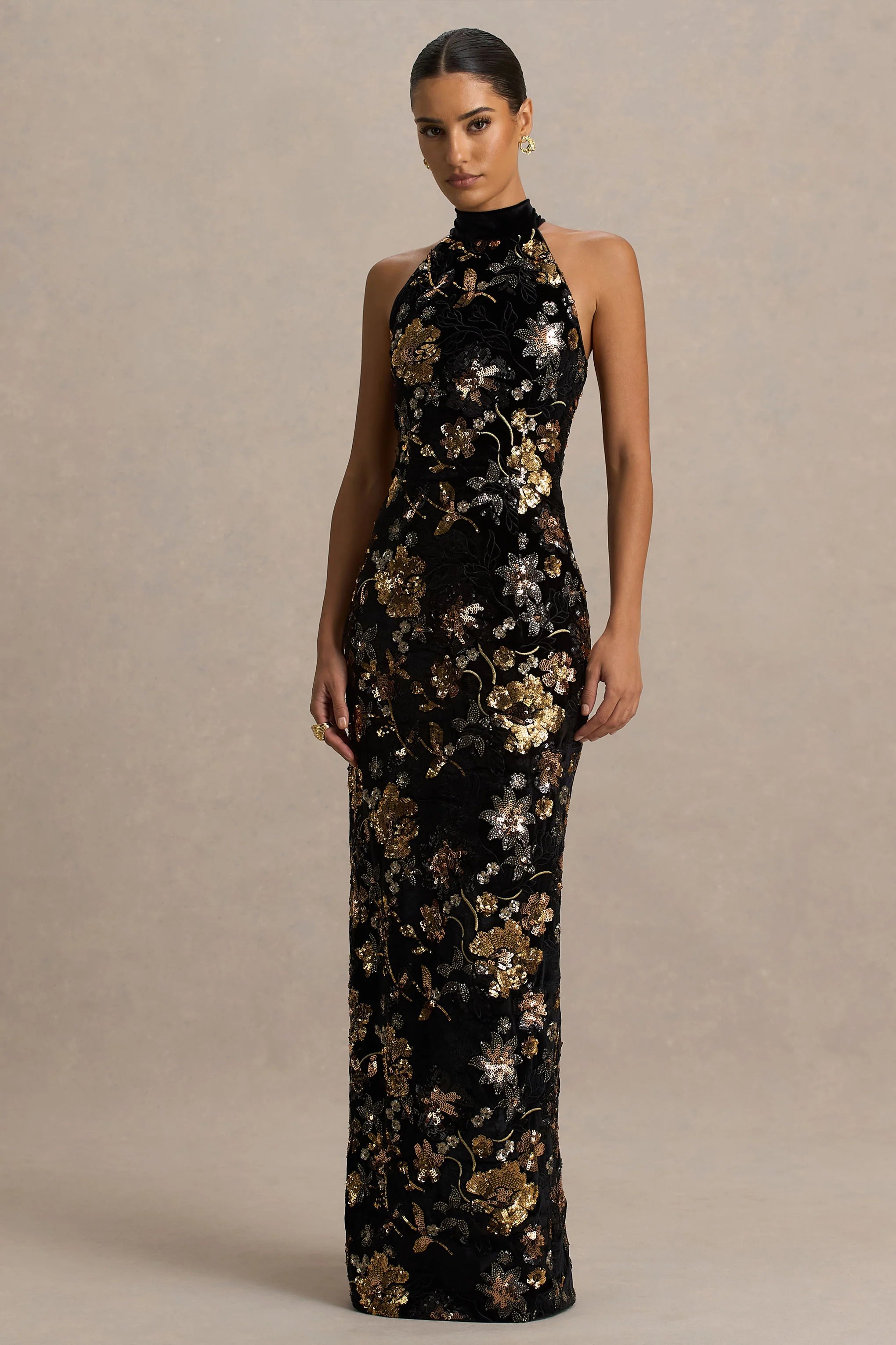 Tate | Black Velvet Halter-Neck Maxi Dress With Bronze Floral Sequin Embellishments