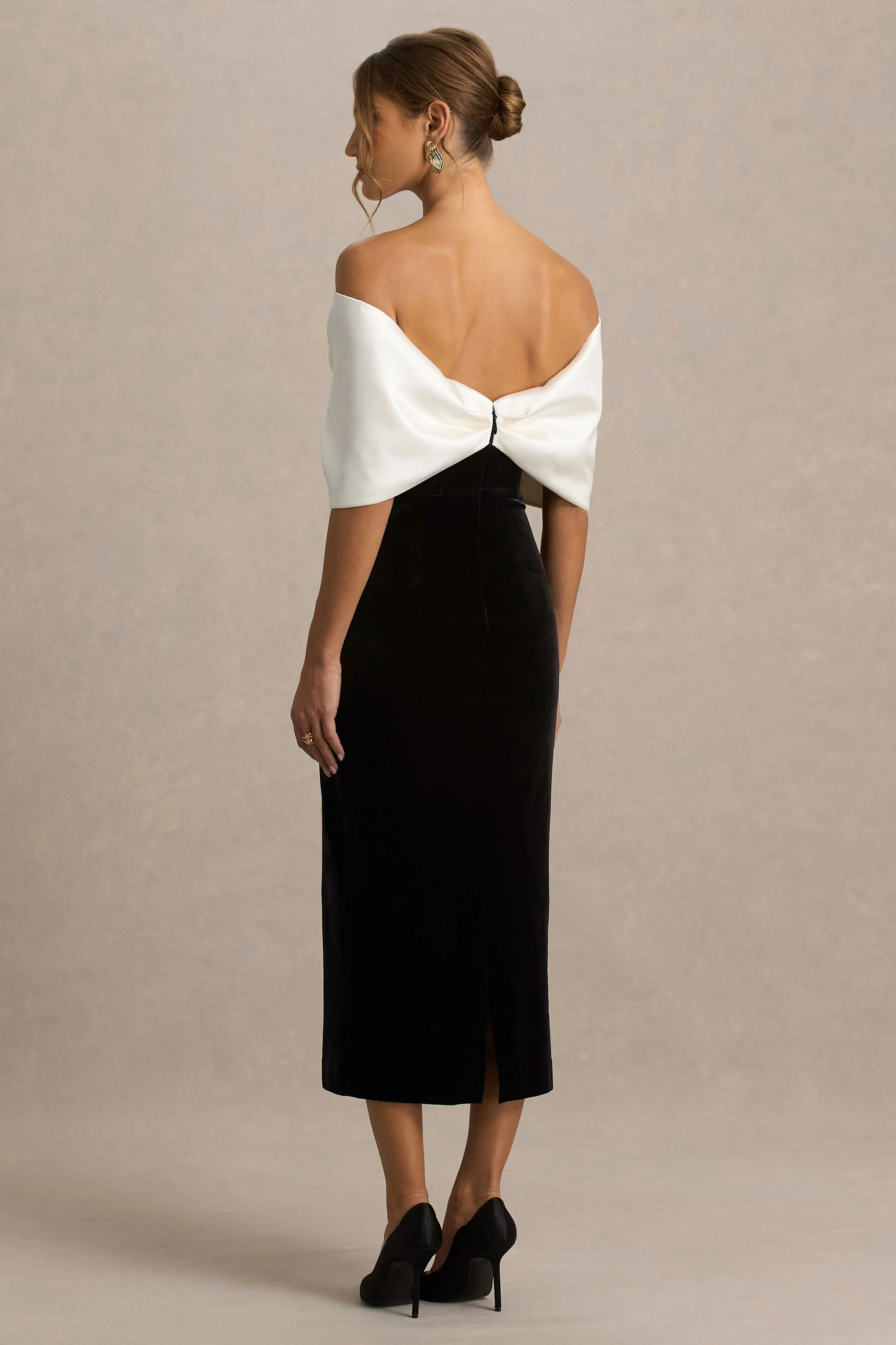 Twilight | Black And White Velvet Bardot-Neck Midi Dress With Oversized Satin Bow