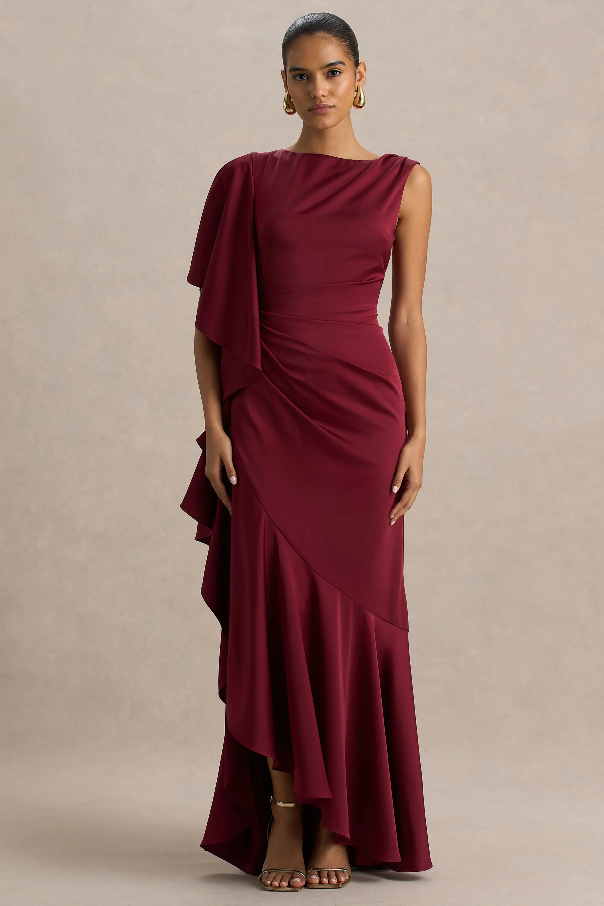 Rosy | Burgundy Satin Boat-Neck Maxi Dress With Front Split And Ruffled Detailing
