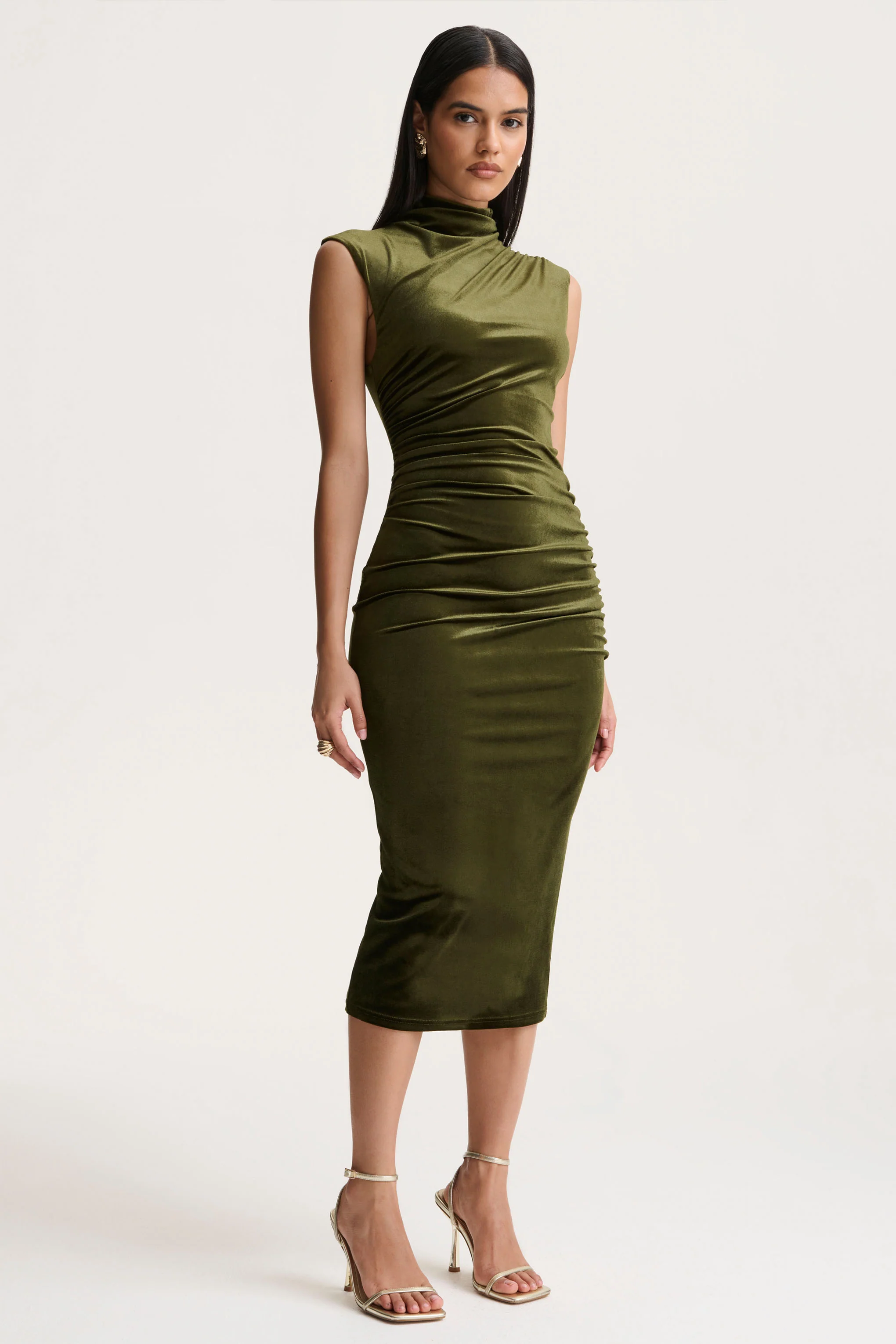 Novine | Olive Velvet High-Neck Midi Dress