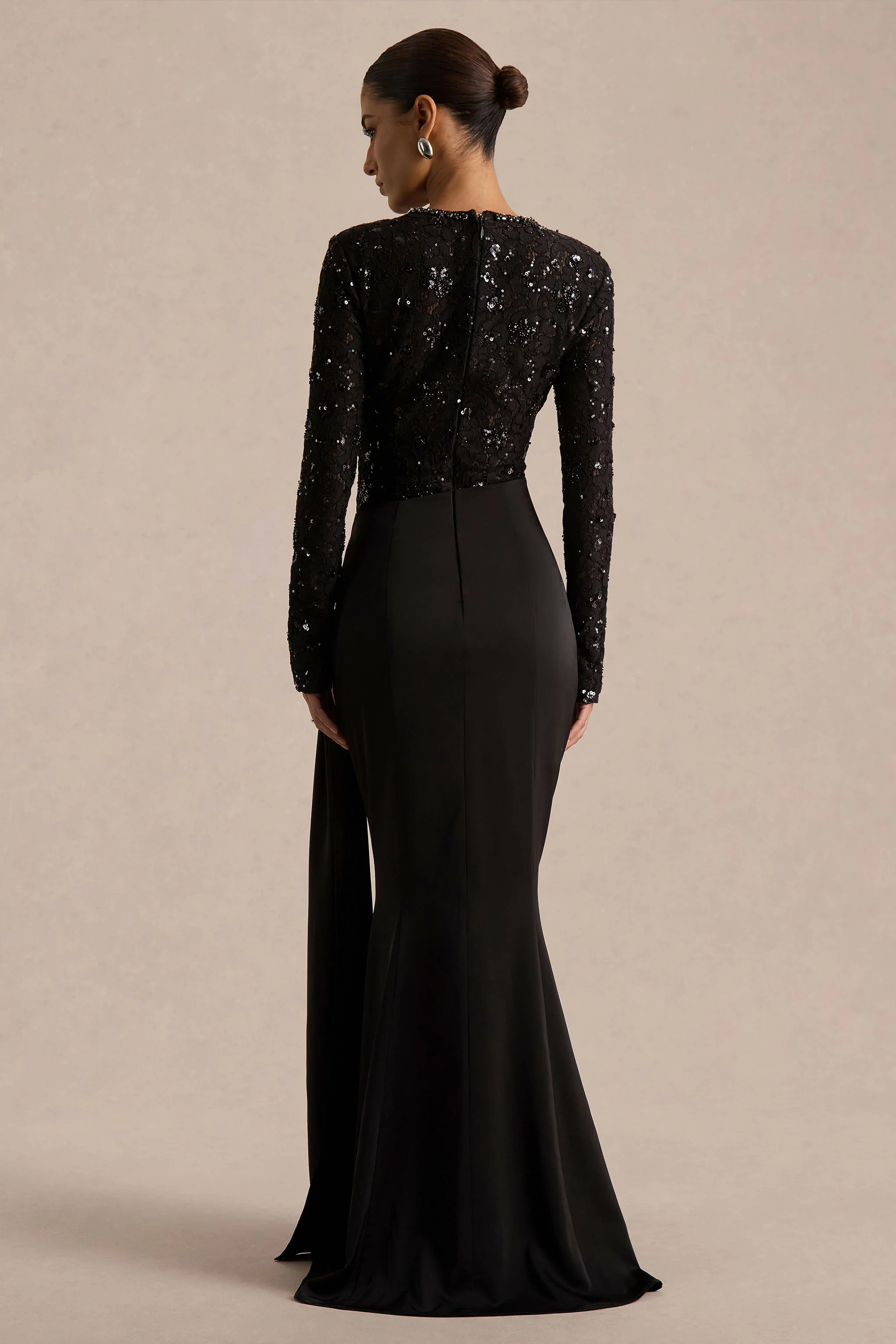 Beau | Black Lace High-Neck Maxi Dress With Draped Detail