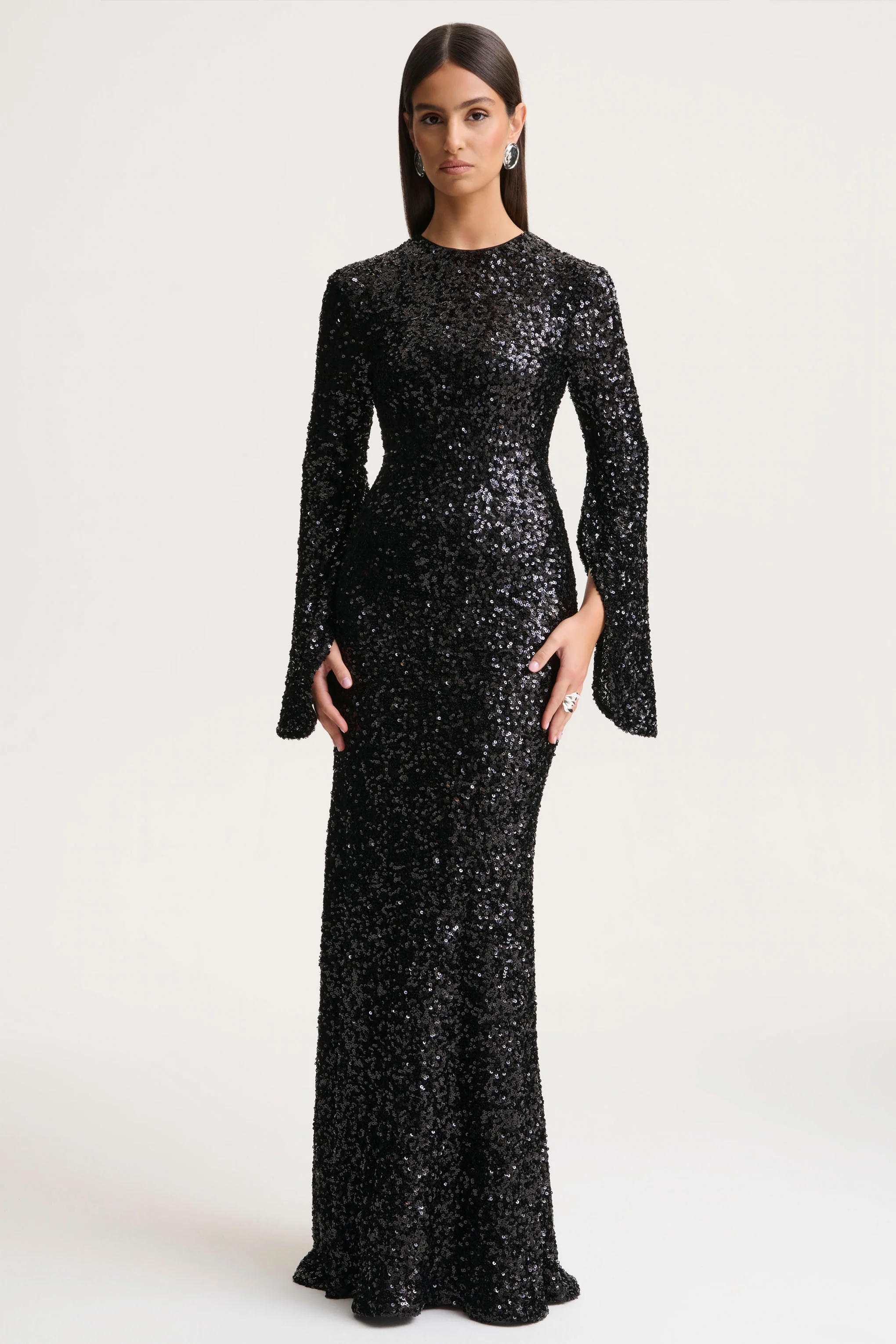 Romea | Black Sequin High-Neck Maxi Dress With Cape Sleeves