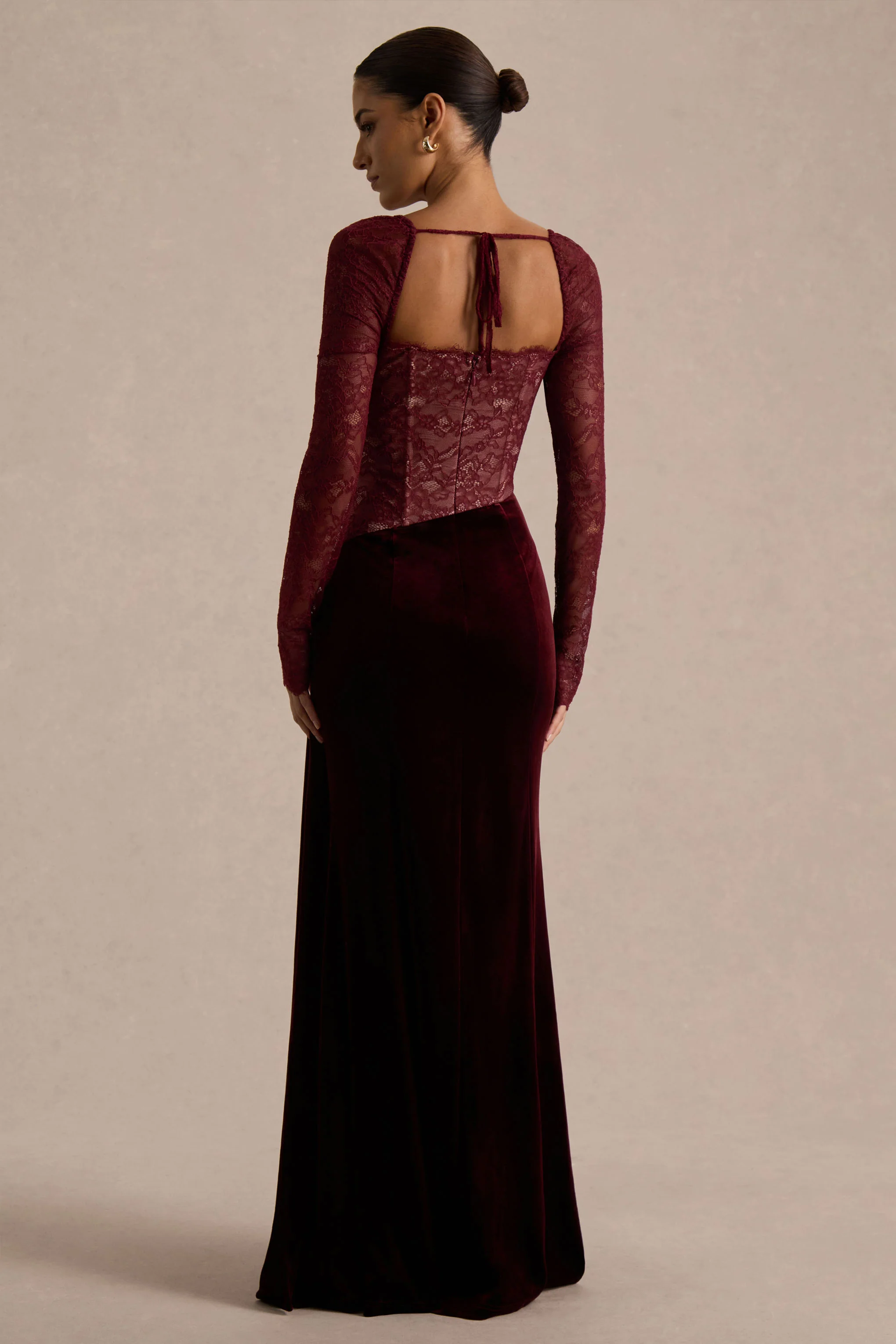 Finesse | Burgundy Lace And Velvet Square-Neck Maxi Dress With Draped Skirt