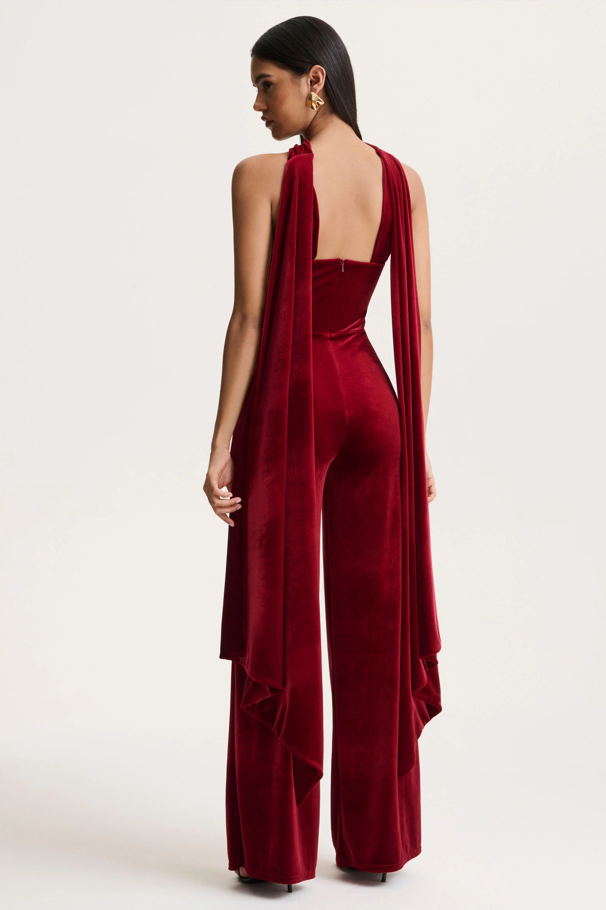 Arcane | Burgundy Velvet Bandeau Jumpsuit With Scarf
