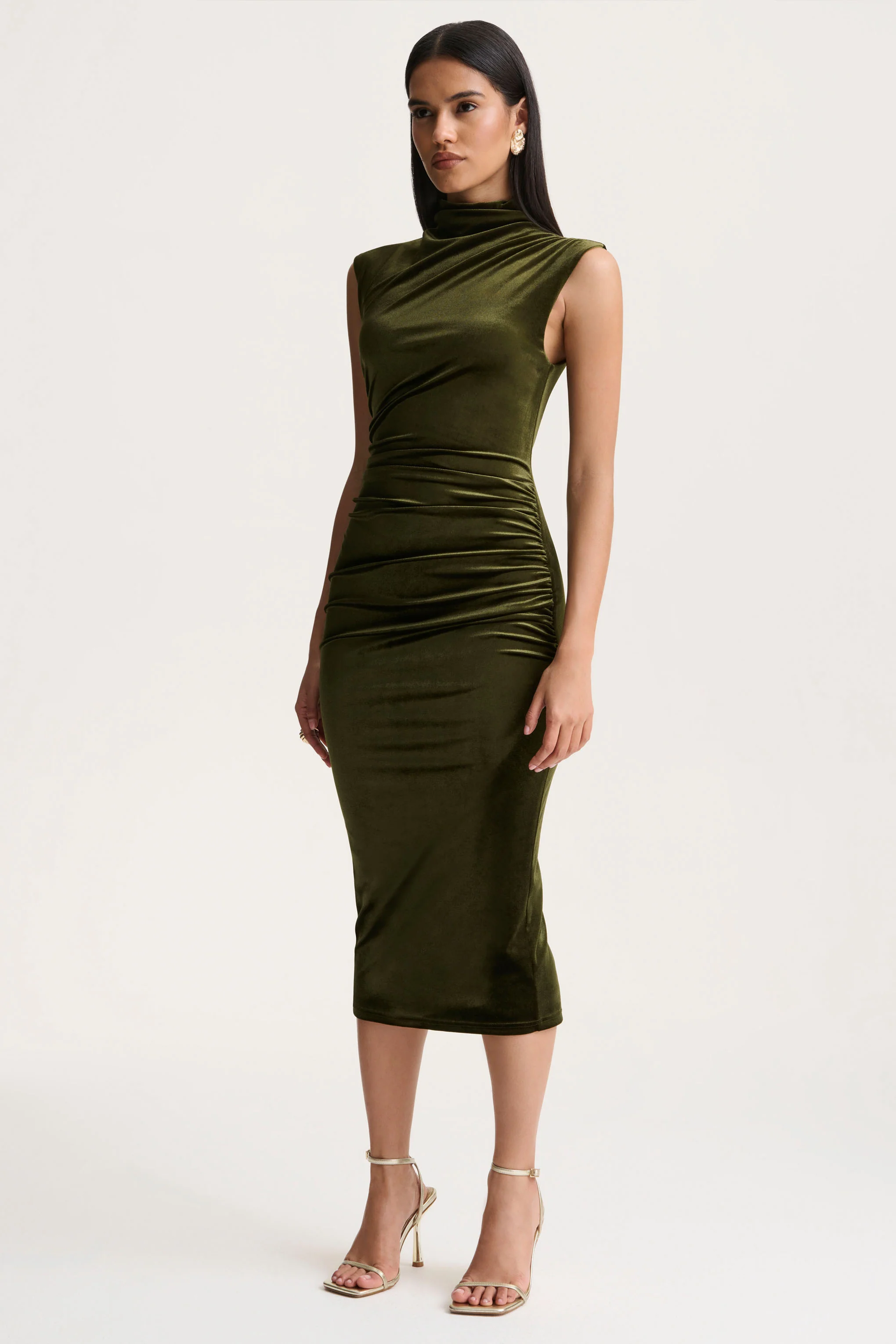 Novine | Olive Velvet High-Neck Midi Dress